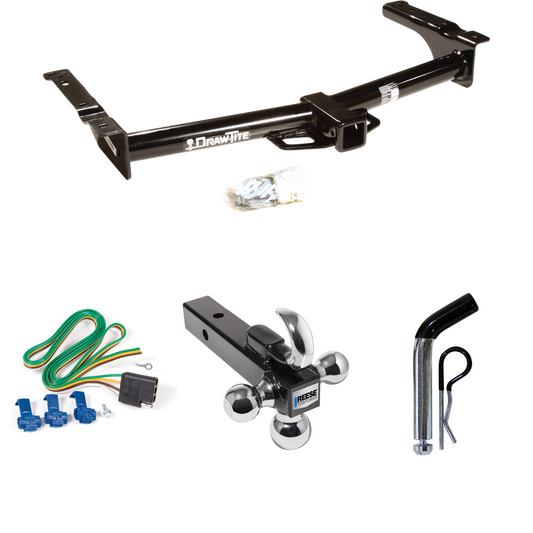 Fits 1975-1991 Ford E-150 Econoline Trailer Hitch Tow PKG w/ 4-Flat Wiring + Triple Ball Ball Mount 1-7/8" & 2" & 2-5/16" Trailer Balls w/ Tow Hook + Pin/Clip By Draw-Tite