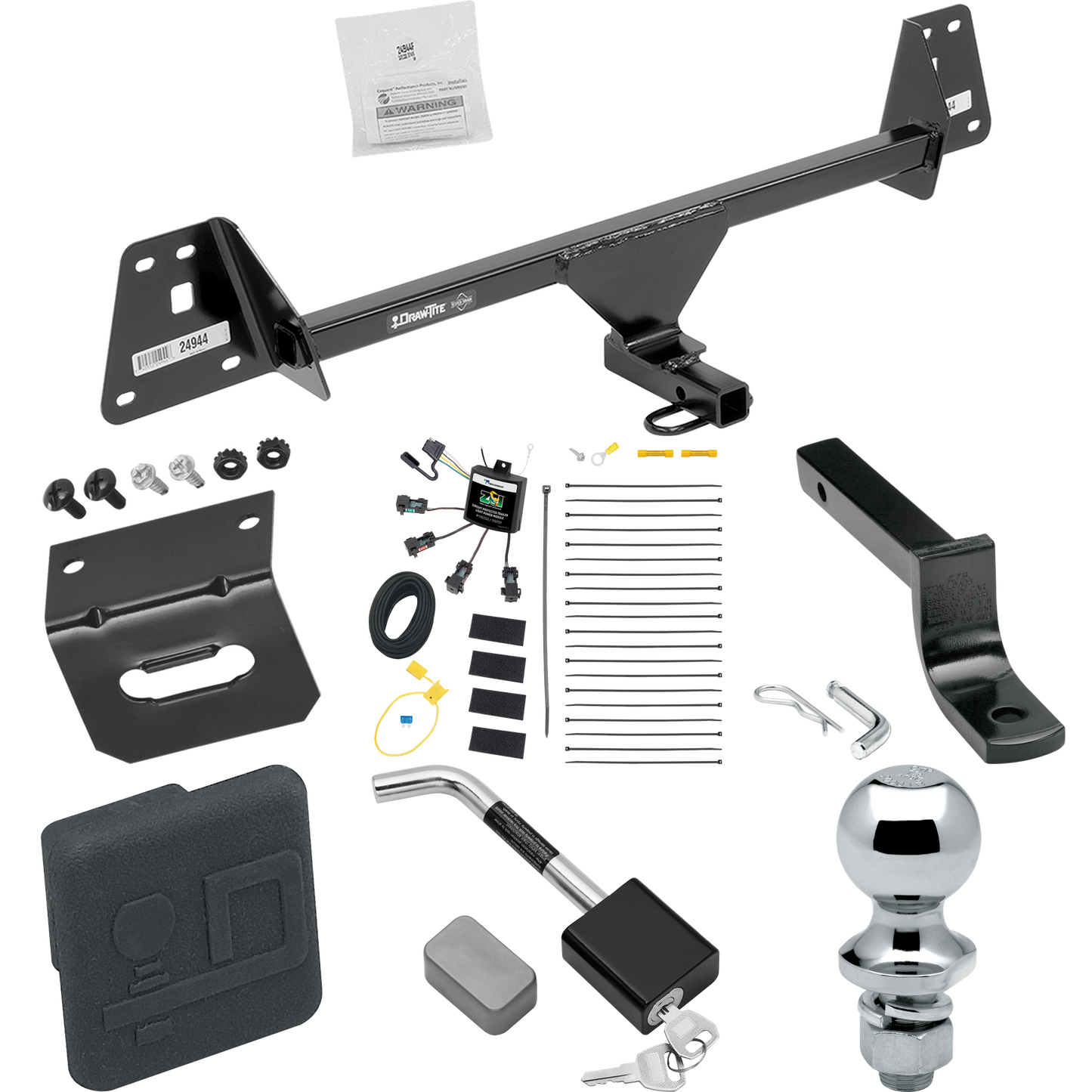 Se adapta al paquete de enganche de remolque Toyota Prius 2020-2022 con arnés de cableado de 4 contactos planos "sin empalme" + barra de tracción + bola de 1-7/8" + soporte de cableado + cubierta de enganche + bloqueo de enganche de Draw-Tite