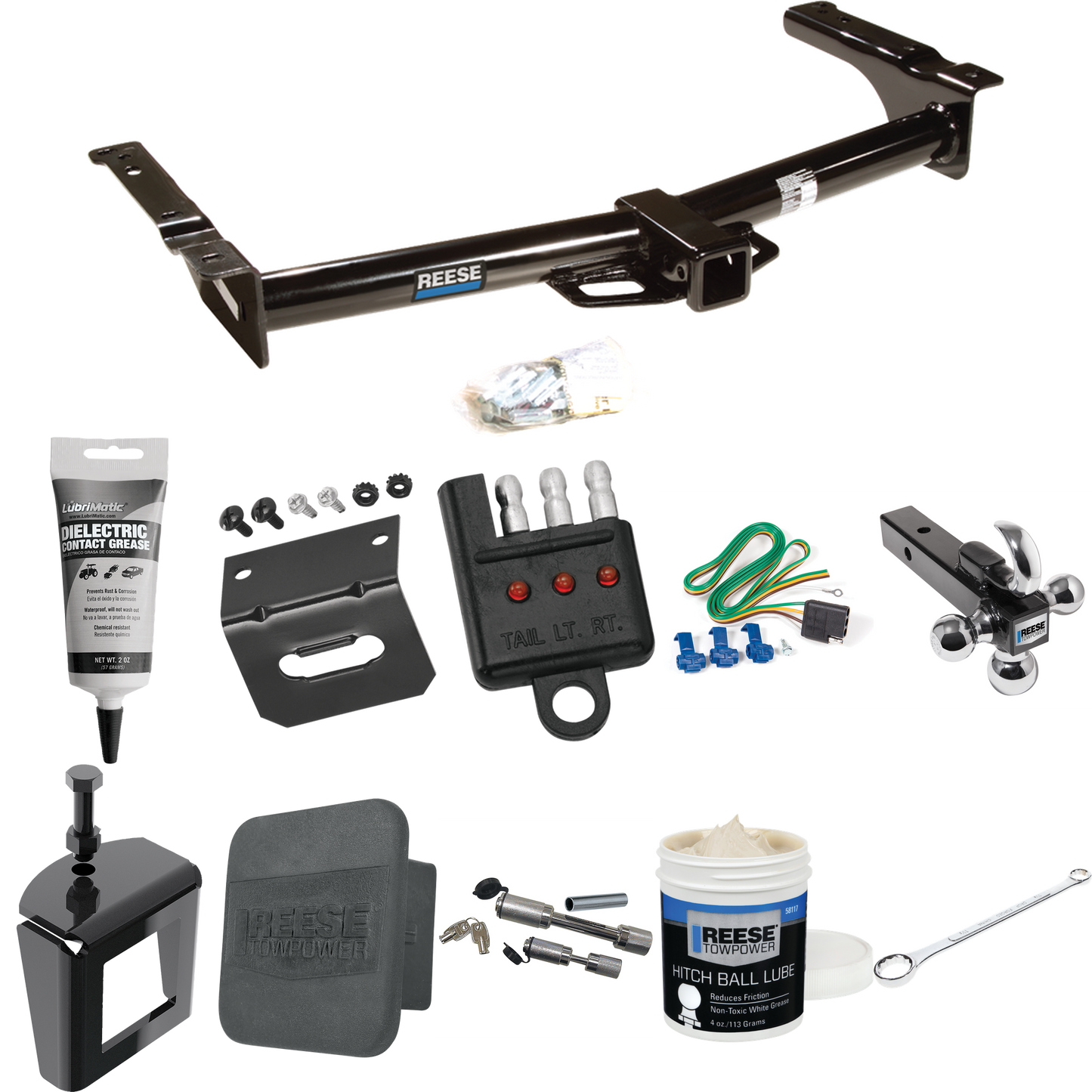 Fits 1975-1991 Ford E-250 Econoline Trailer Hitch Tow PKG w/ 4-Flat Wiring + Triple Ball Ball Mount 1-7/8" & 2" & 2-5/16" Trailer Balls w/ Tow Hook + Wiring Bracket + Hitch Cover + Dual Hitch & Coupler Locks + Wiring Tester + Ball Lube + Electric Gre