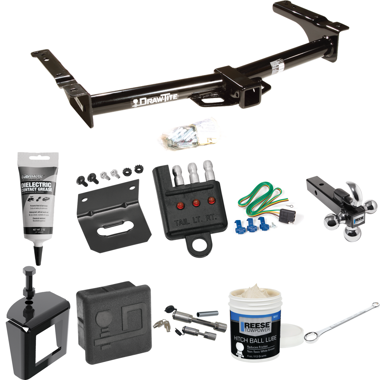 Fits 1975-1983 Ford E-100 Econoline Trailer Hitch Tow PKG w/ 4-Flat Wiring + Triple Ball Ball Mount 1-7/8" & 2" & 2-5/16" Trailer Balls w/ Tow Hook + Wiring Bracket + Hitch Cover + Dual Hitch & Coupler Locks + Wiring Tester + Ball Lube + Electric Gre