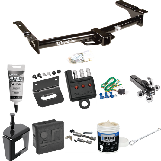 Fits 1975-1983 Ford E-100 Econoline Trailer Hitch Tow PKG w/ 4-Flat Wiring + Triple Ball Ball Mount 1-7/8" & 2" & 2-5/16" Trailer Balls w/ Tow Hook + Wiring Bracket + Hitch Cover + Dual Hitch & Coupler Locks + Wiring Tester + Ball Lube + Electric Gre