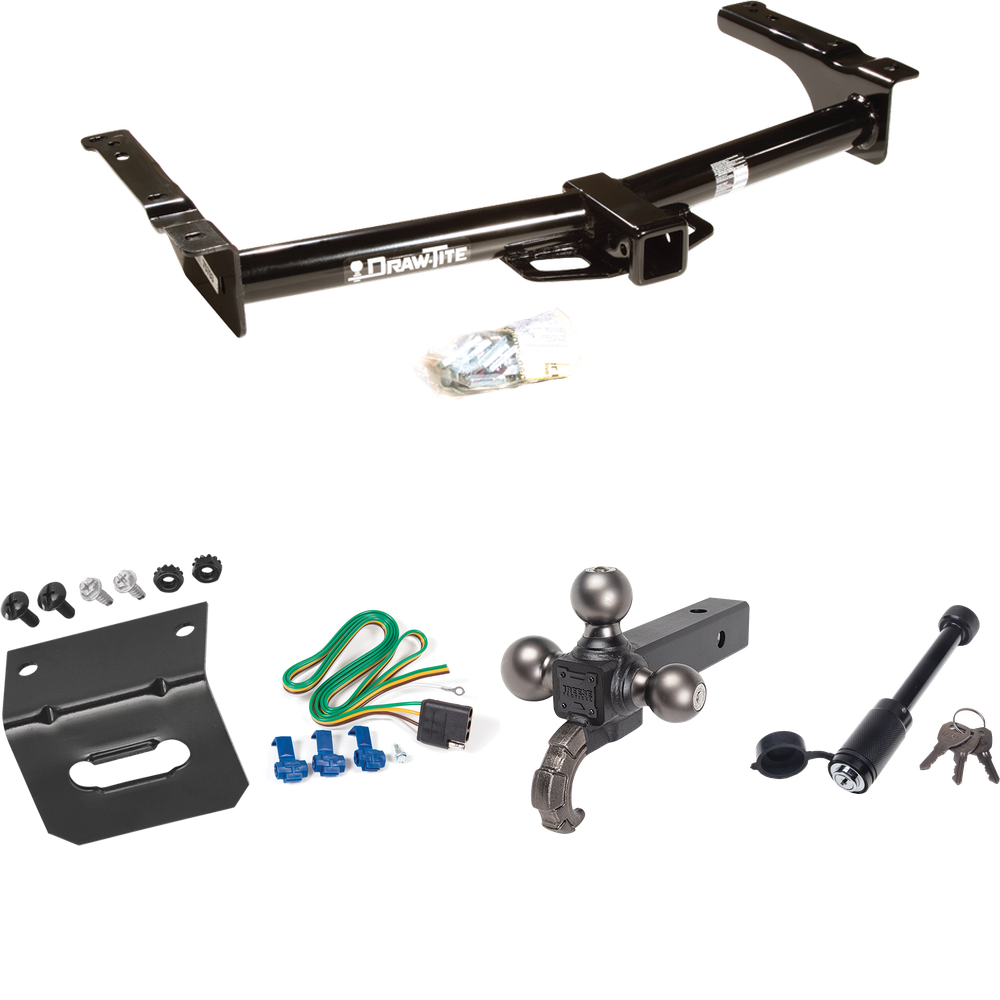 Fits 1975-1983 Ford E-100 Econoline Trailer Hitch Tow PKG w/ 4-Flat Wiring + Tactical Triple Ball Ball Mount 1-7/8" & 2" & 2-5/16" Balls & Tow Hook + Tactical Dogbone Lock + Wiring Bracket By Draw-Tite