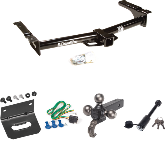 Fits 1975-1983 Ford E-100 Econoline Trailer Hitch Tow PKG w/ 4-Flat Wiring + Tactical Triple Ball Ball Mount 1-7/8" & 2" & 2-5/16" Balls & Tow Hook + Tactical Dogbone Lock + Wiring Bracket By Draw-Tite