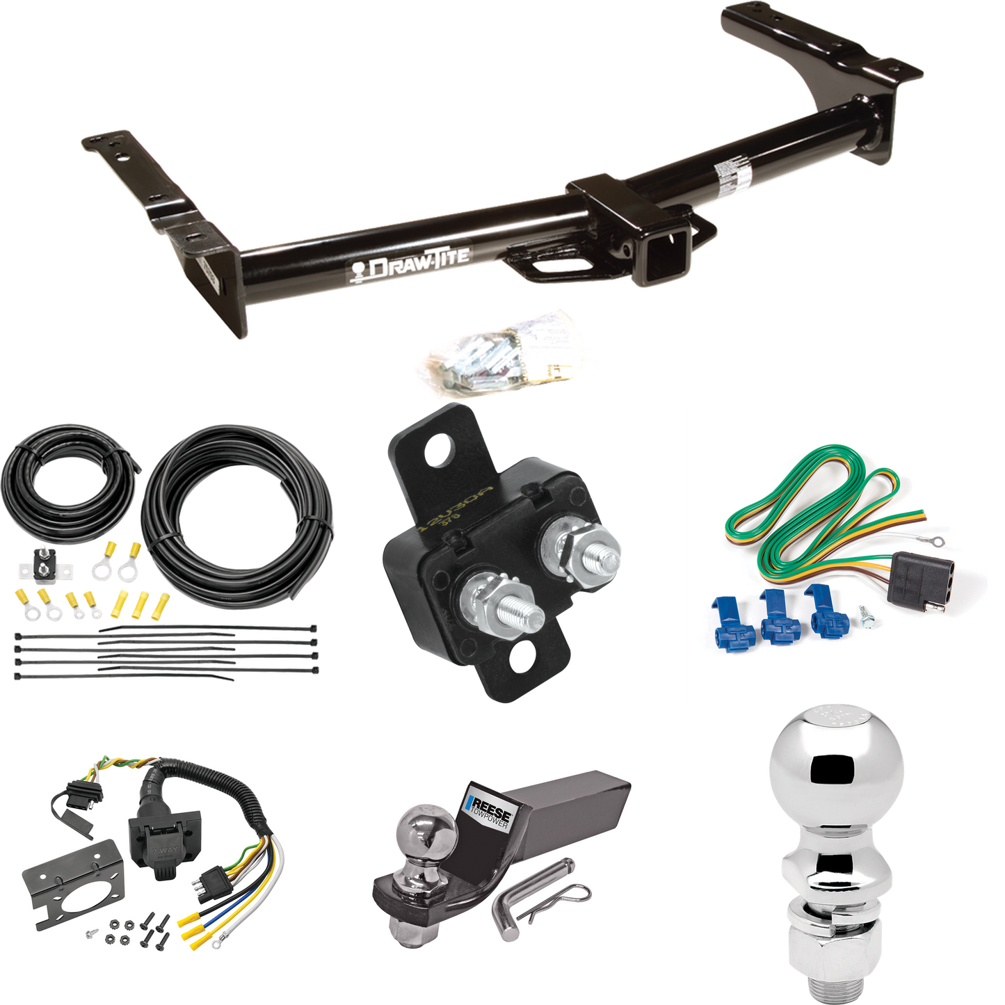 Se adapta al paquete de enganche de remolque Ford E-350 Econoline 1975-1991 con cableado RV de 7 vías + bola de 2" y 2-5/16" + soporte de caída de Draw-Tite