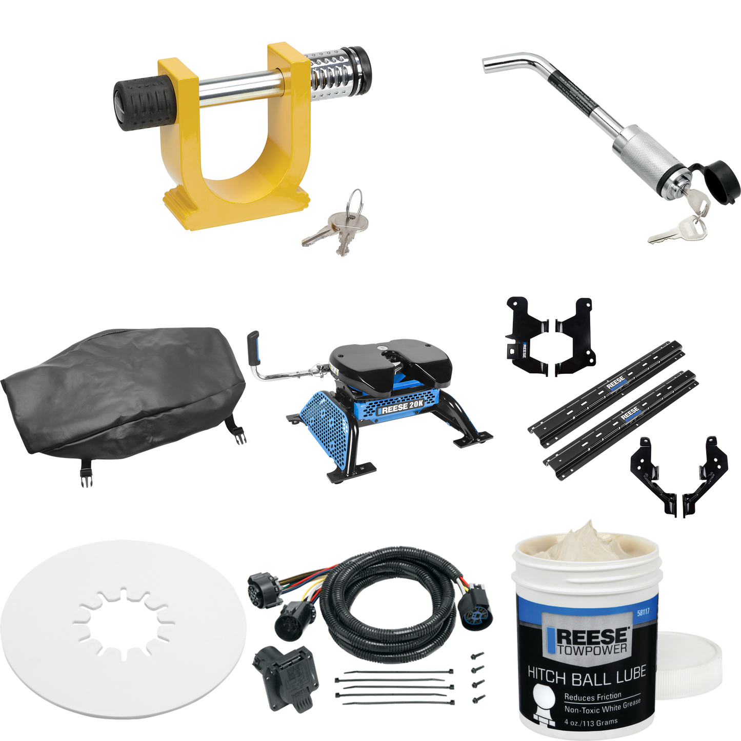 Fits 2019-2023 RAM 1500 Custom Outboard Above Bed Rail Kit + Reese M5 20K Fifth Wheel + In-Bed Wiring + King Pin Lock + Base Rail Lock + 10" Lube Plate + Fifth Wheel Cover + Lube (For 5'8 or Shorter Bed (Sidewinder Required), (New Body Style), Except