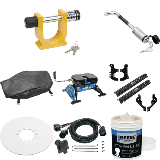 Fits 2019-2023 RAM 1500 Custom Outboard Above Bed Rail Kit + Reese M5 20K Fifth Wheel + In-Bed Wiring + King Pin Lock + Base Rail Lock + 10" Lube Plate + Fifth Wheel Cover + Lube (For 5'8 or Shorter Bed (Sidewinder Required), (New Body Style), Except