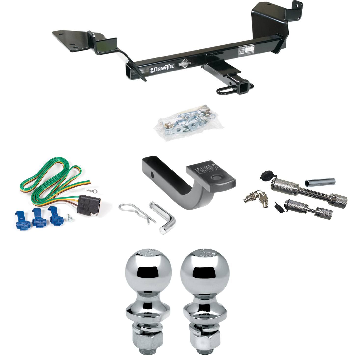 Se adapta al paquete de remolque con enganche para remolque Buick Century 1997-2005 con arnés de cableado de 4 planos + barra de tracción + bola de 1-7/8" + 2" + enganche doble y cerraduras de acoplador (para modelos sedán) de Draw-Tite