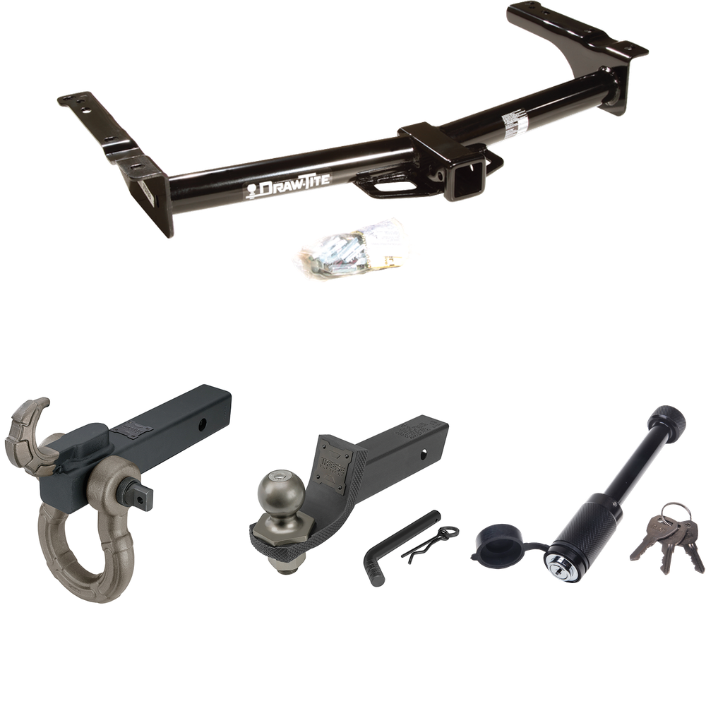 Fits 2003-2007 Ford E-350 Econoline Super Duty Trailer Hitch Tow PKG + Interlock Tactical Starter Kit w/ 2" Drop & 2" Ball + Tactical Hook & Shackle Mount + Tactical Dogbone Lock By Draw-Tite