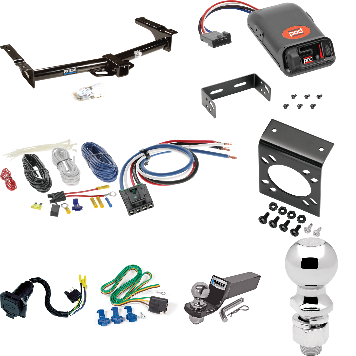 Fits 1975-1991 Ford E-350 Econoline Trailer Hitch Tow PKG w/ Pro Series POD Brake Control + Generic BC Wiring Adapter + 7-Way RV Wiring + 2" & 2-5/16" Ball & Drop Mount By Reese Towpower