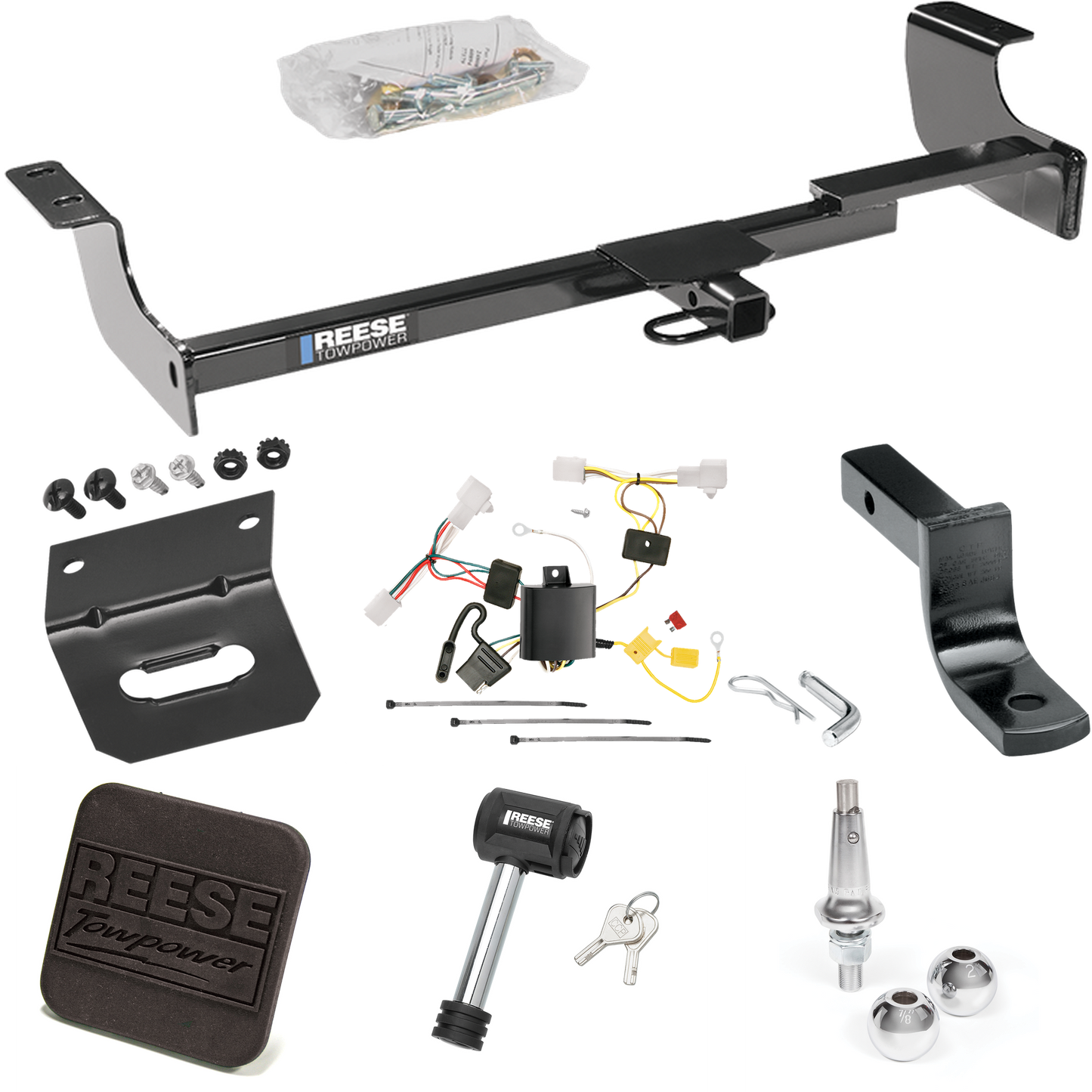 Fits 2004-2009 Toyota Prius Trailer Hitch Tow PKG w/ 4-Flat Wiring Harness + Draw-Bar + Interchangeable 1-7/8" & 2" Balls + Wiring Bracket + Hitch Cover + Hitch Lock By Reese Towpower