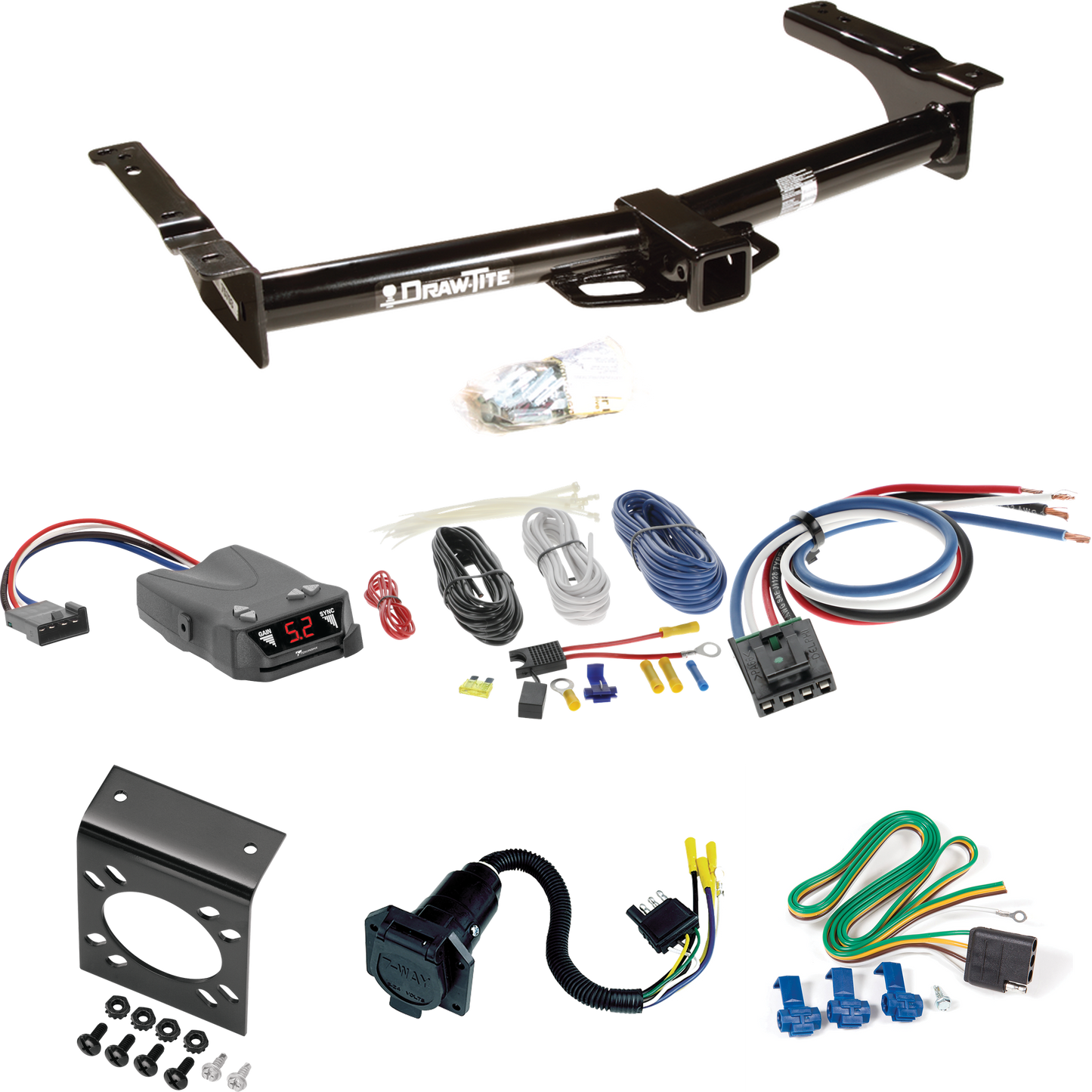 Se adapta al paquete de enganche de remolque Ford E-350 Econoline 1975-1991 con control de freno Tekonsha Brakeman IV + adaptador de cableado BC genérico + cableado RV de 7 vías de Draw-Tite