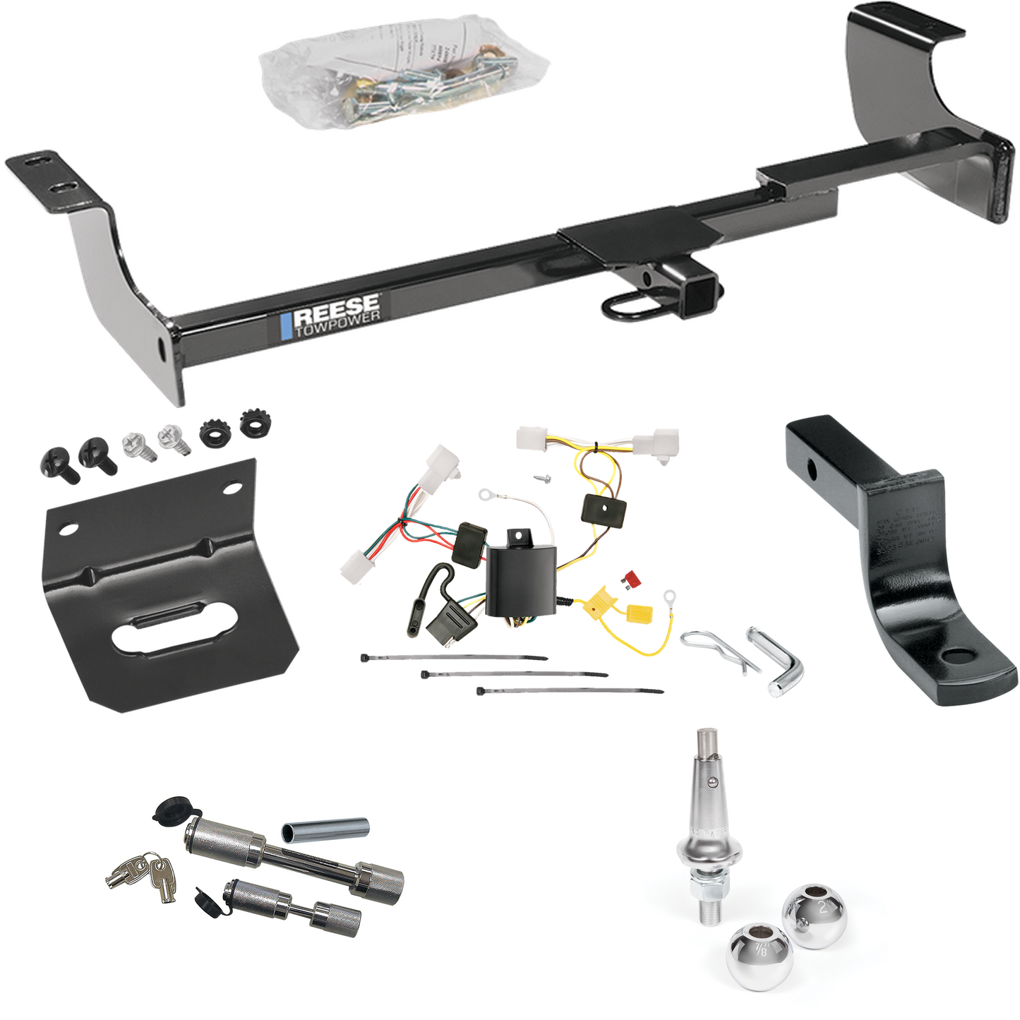 Fits 2004-2009 Toyota Prius Trailer Hitch Tow PKG w/ 4-Flat Wiring Harness + Draw-Bar + Interchangeable 1-7/8" & 2" Balls + Wiring Bracket + Dual Hitch & Coupler Locks By Reese Towpower