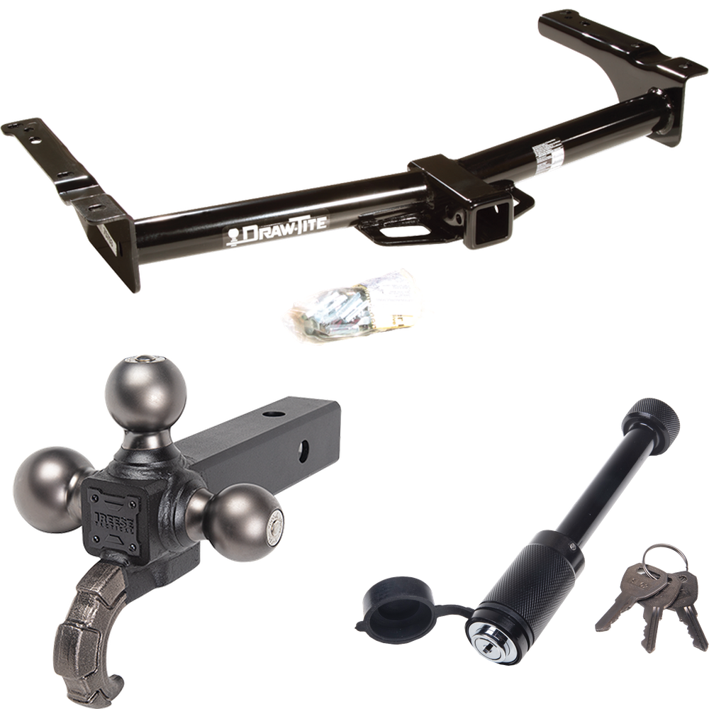 Fits 1975-1991 Ford E-150 Econoline Trailer Hitch Tow PKG + Tactical Triple Ball Ball Mount 1-7/8" & 2" & 2-5/16" Balls & Tow Hook + Tactical Dogbone Lock By Draw-Tite