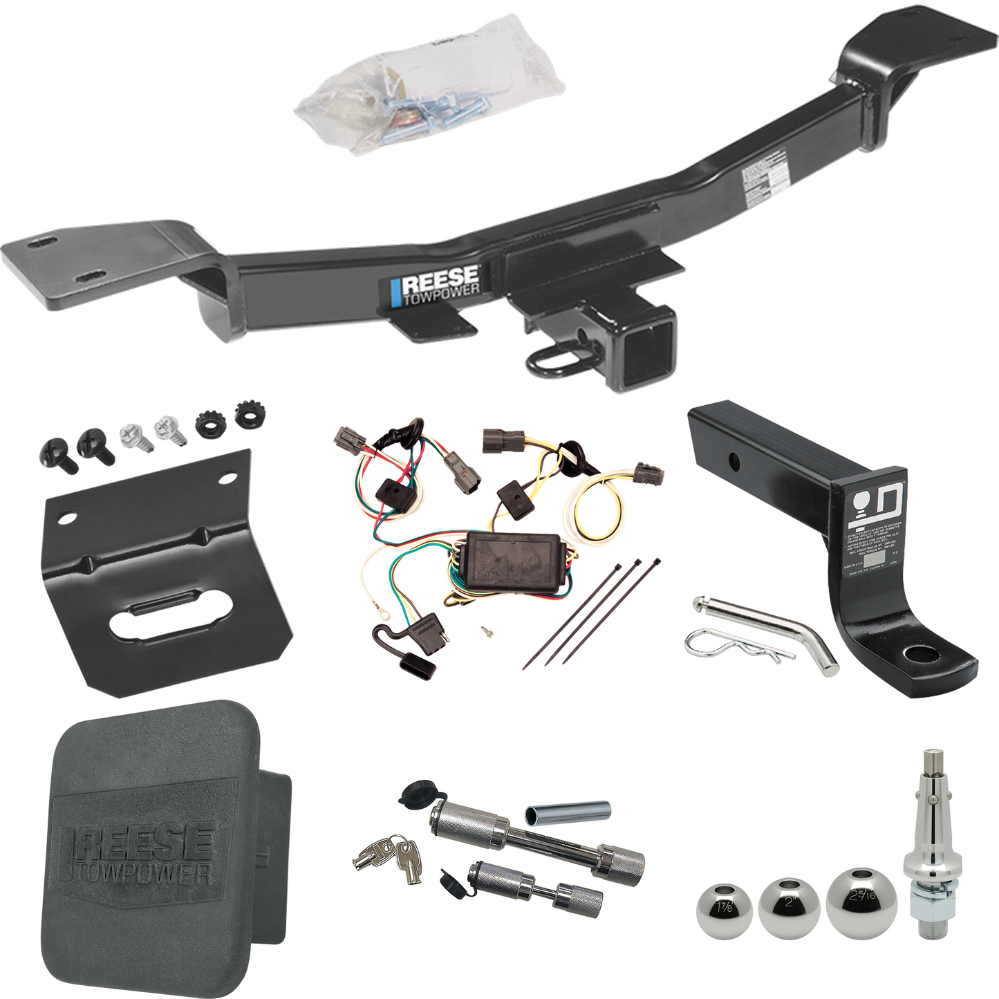 Fits 2005-2009 Hyundai Tucson Trailer Hitch Tow PKG w/ 4-Flat Wiring + Ball Mount w/ 4" Drop + Interchangeable Ball 1-7/8" & 2" & 2-5/16" + Wiring Bracket + Dual Hitch & Coupler Locks + Hitch Cover By Reese Towpower