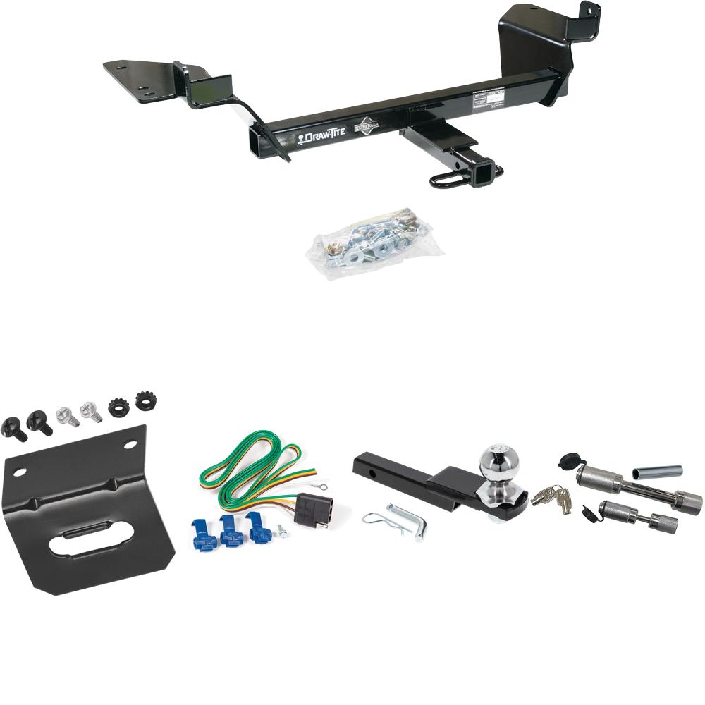 Fits 2005-2009 Buick Allure Trailer Hitch Tow PKG w/ 4-Flat Wiring Harness + Interlock Starter Kit w/ 2" Ball 1-1/4" Drop 3/4" Rise + Wiring Bracket + Dual Hitch & Coupler Locks (For (Canada Only) Models) By Draw-Tite