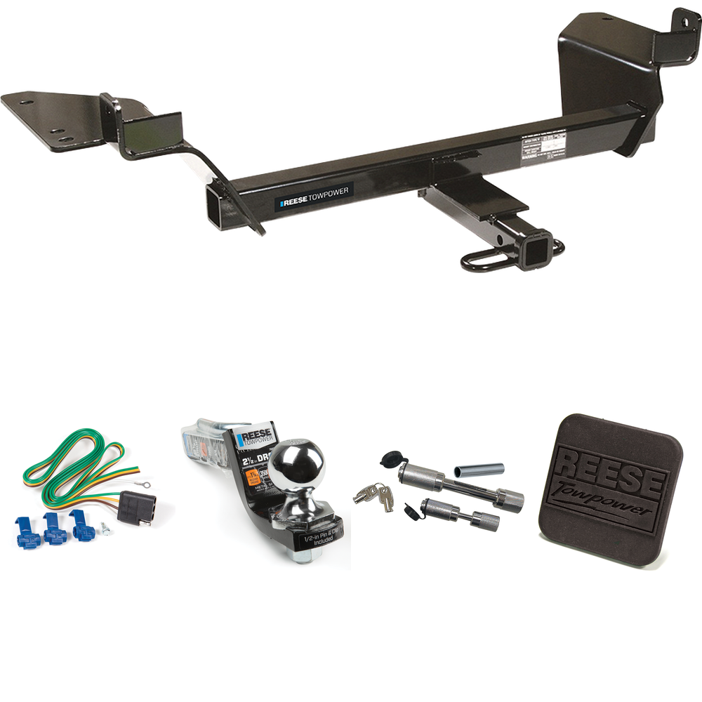 Fits 1997-2005 Buick Century Trailer Hitch Tow PKG w/ 4-Flat Wiring Harness + Interlock Starter Kit w/ 2" Ball 2-1/2" Drop 2" Rise + Hitch Cover + Dual Hitch & Coupler Locks (For Sedan Models) By Reese Towpower