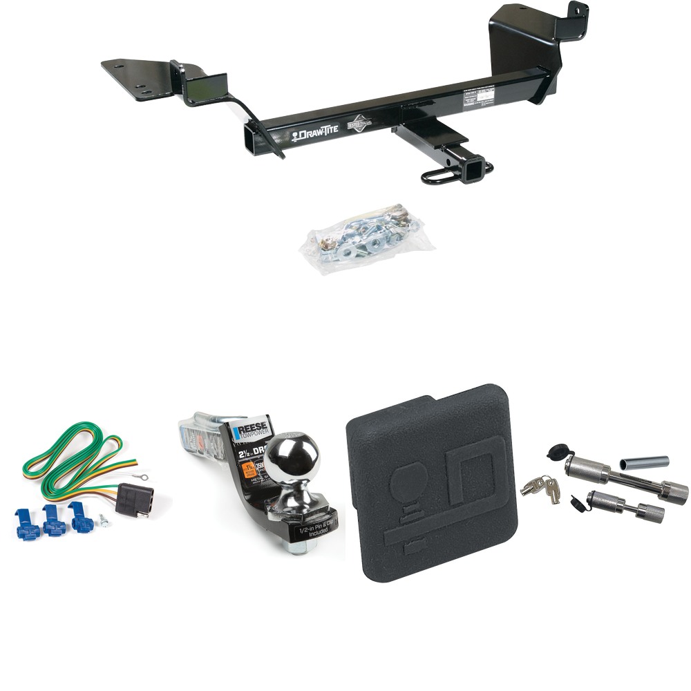 Fits 1997-2005 Buick Century Trailer Hitch Tow PKG w/ 4-Flat Wiring Harness + Interlock Starter Kit w/ 2" Ball 2-1/2" Drop 2" Rise + Hitch Cover + Dual Hitch & Coupler Locks (For Sedan Models) By Draw-Tite