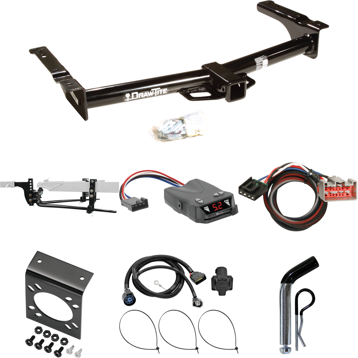 Fits 2009-2012 Ford E-250 Econoline Trailer Hitch Tow PKG w/ 11.5K Round Bar Weight Distribution Hitch w/ 2-5/16" Ball + Pin/Clip + Tekonsha Brakeman IV Brake Control + Plug & Play BC Adapter + 7-Way RV Wiring (For (Prepped Class II Tow Package) Mode