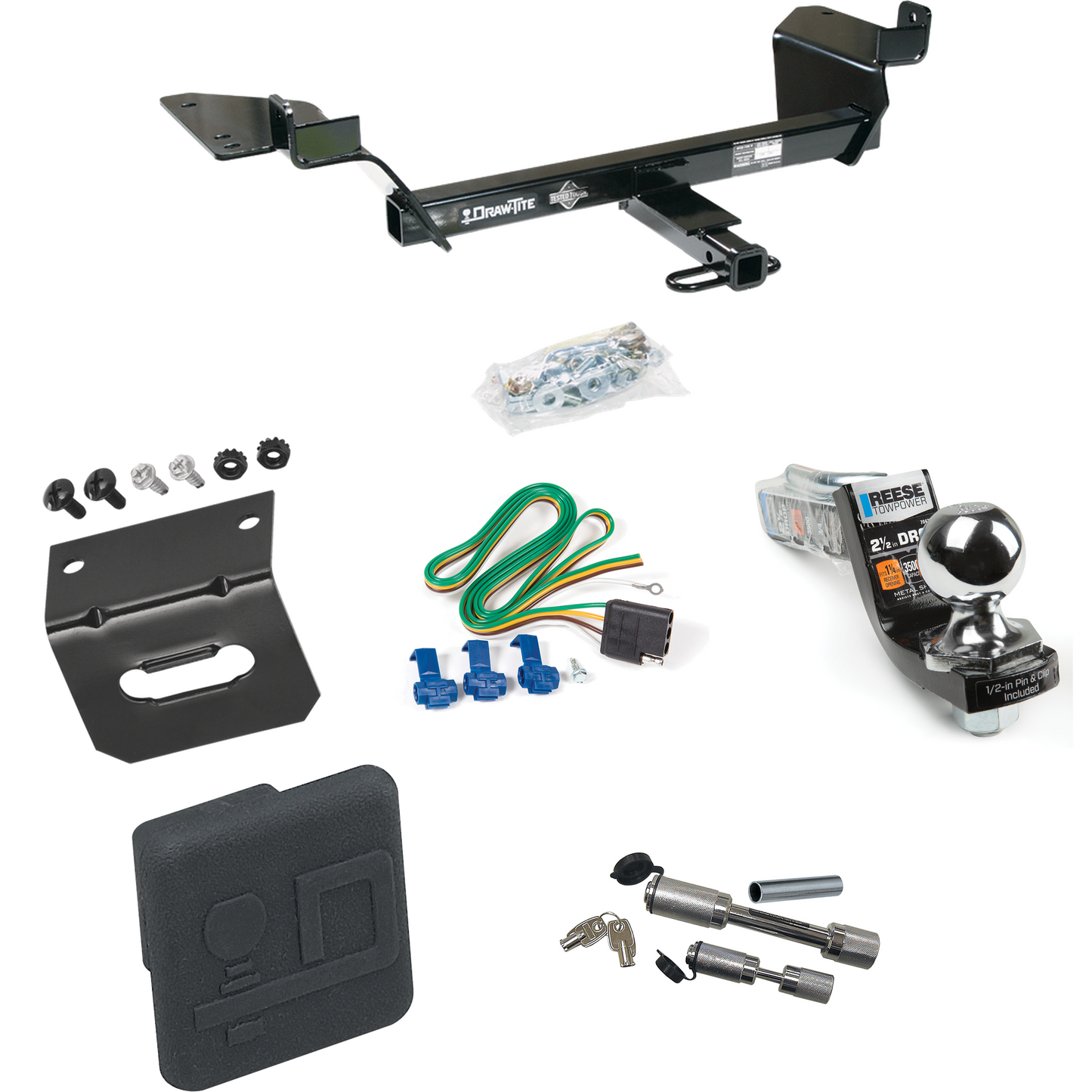 Fits 2005-2009 Buick Allure Trailer Hitch Tow PKG w/ 4-Flat Wiring Harness + Interlock Starter Kit w/ 2" Ball 2-1/2" Drop 2" Rise + Wiring Bracket + Hitch Cover + Dual Hitch & Coupler Locks (For (Canada Only) Models) By Draw-Tite