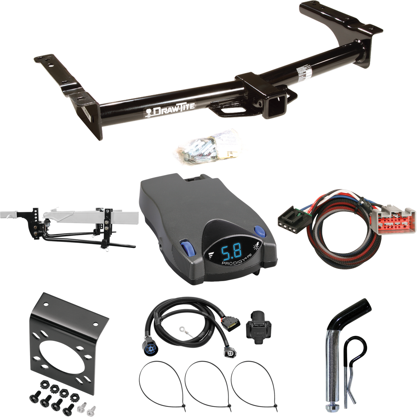 Fits 2009-2012 Ford E-250 Econoline Trailer Hitch Tow PKG w/ 11.5K Round Bar Weight Distribution Hitch w/ 2-5/16" Ball + Pin/Clip + Tekonsha Prodigy P2 Brake Control + Plug & Play BC Adapter + 7-Way RV Wiring (For (Prepped Class II Tow Package) Model