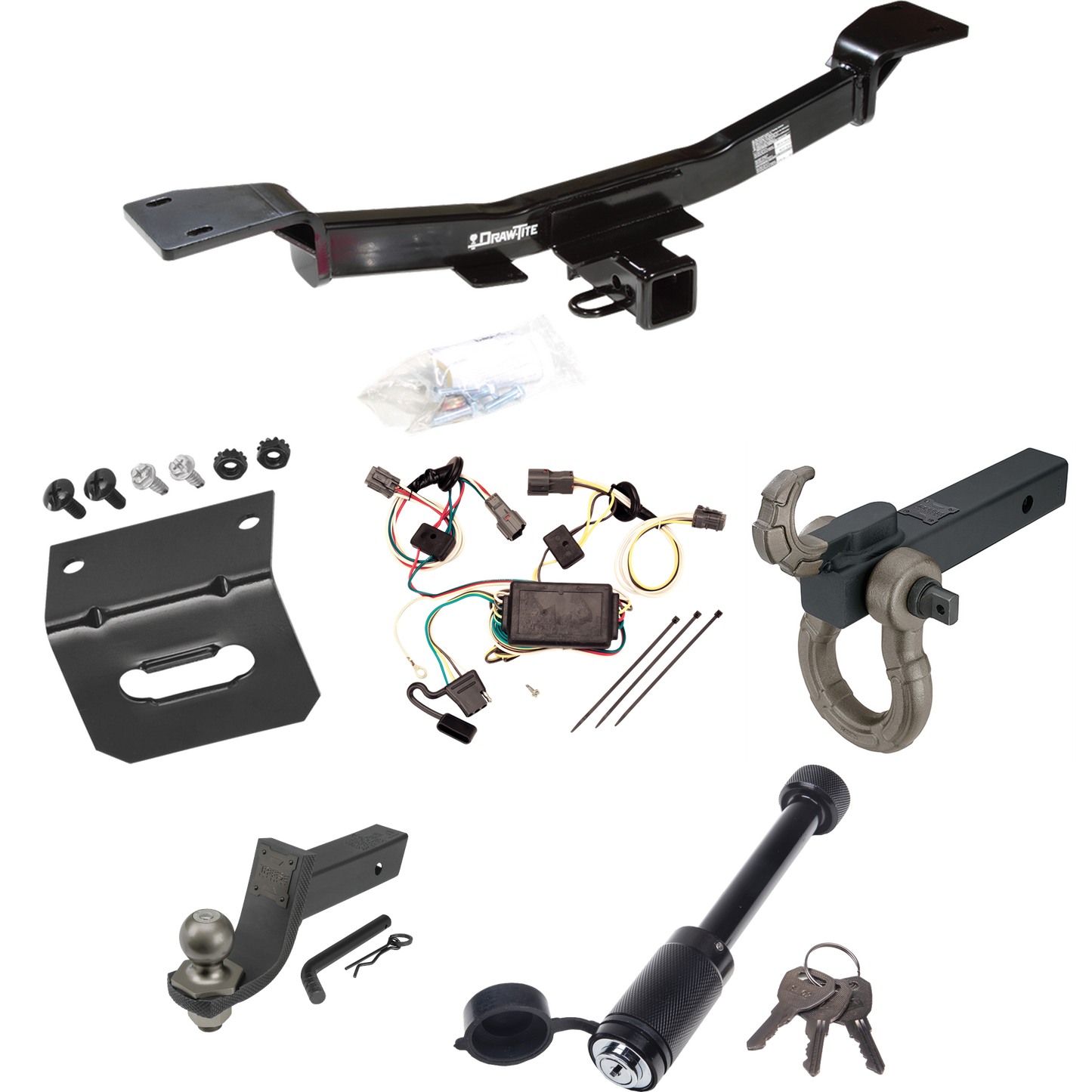 Fits 2005-2009 Hyundai Tucson Trailer Hitch Tow PKG w/ 4-Flat Wiring + Interlock Tactical Starter Kit w/ 3-1/4" Drop & 2" Ball + Tactical Hook & Shackle Mount + Tactical Dogbone Lock + Wiring Bracket By Draw-Tite