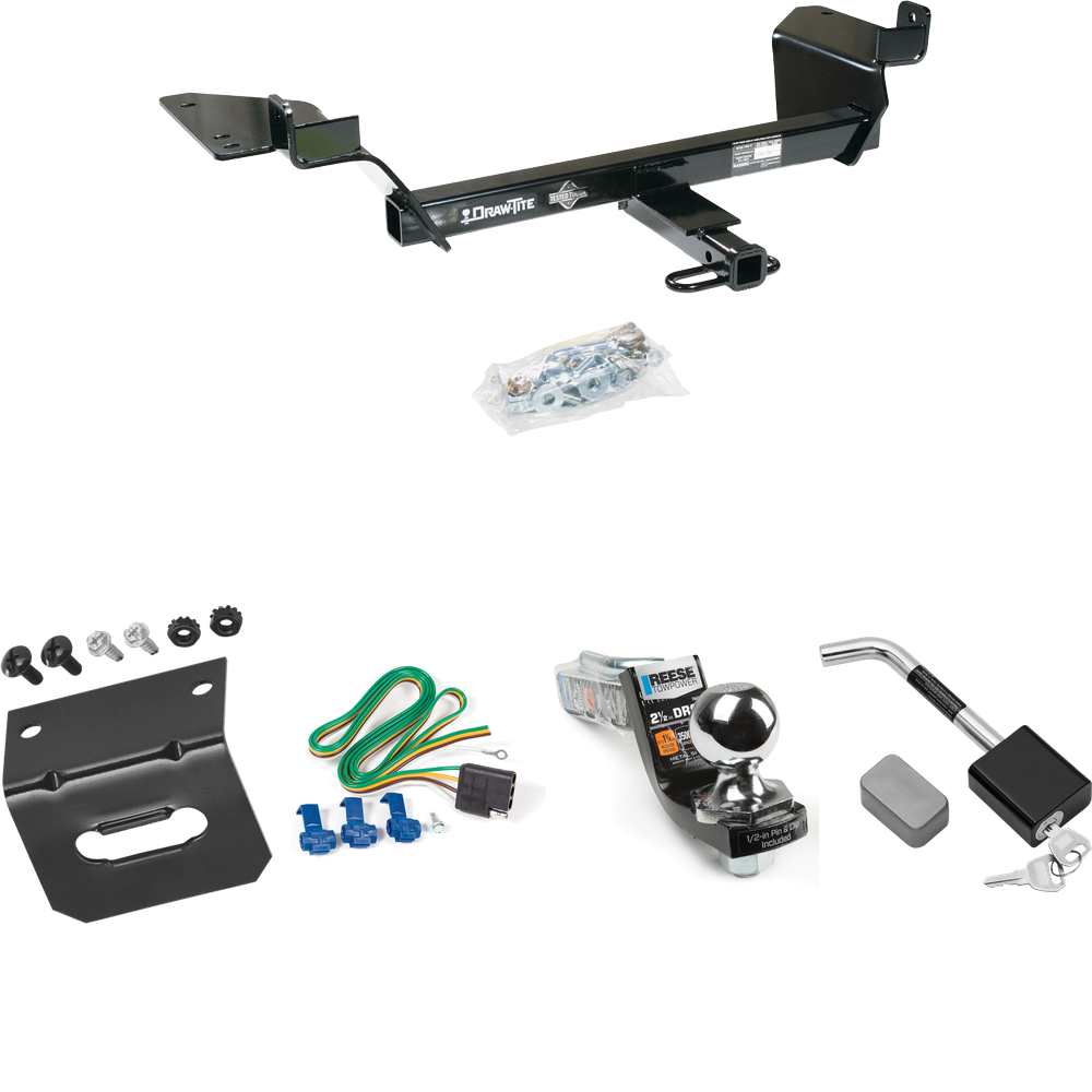 Fits 1997-2005 Buick Century Trailer Hitch Tow PKG w/ 4-Flat Wiring Harness + Interlock Starter Kit w/ 2" Ball 2-1/2" Drop 2" Rise + Wiring Bracket + Hitch Lock (For Sedan Models) By Draw-Tite