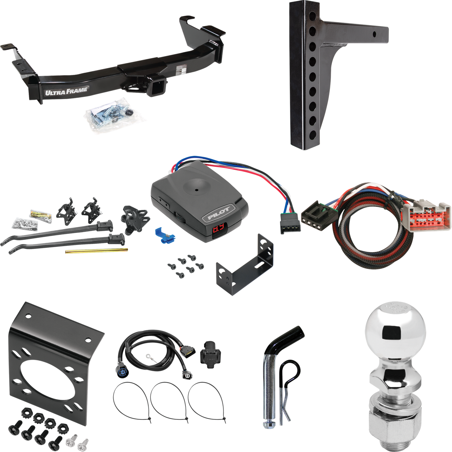 Fits 2009-2012 Ford E-250 Econoline Trailer Hitch Tow PKG w/ 12K Trunnion Bar Weight Distribution Hitch + Pin/Clip + 2-5/16" Ball + Pro Series Pilot Brake Control + Plug & Play BC Adapter + 7-Way RV Wiring (For (Prepped Class II Tow Package) Models)