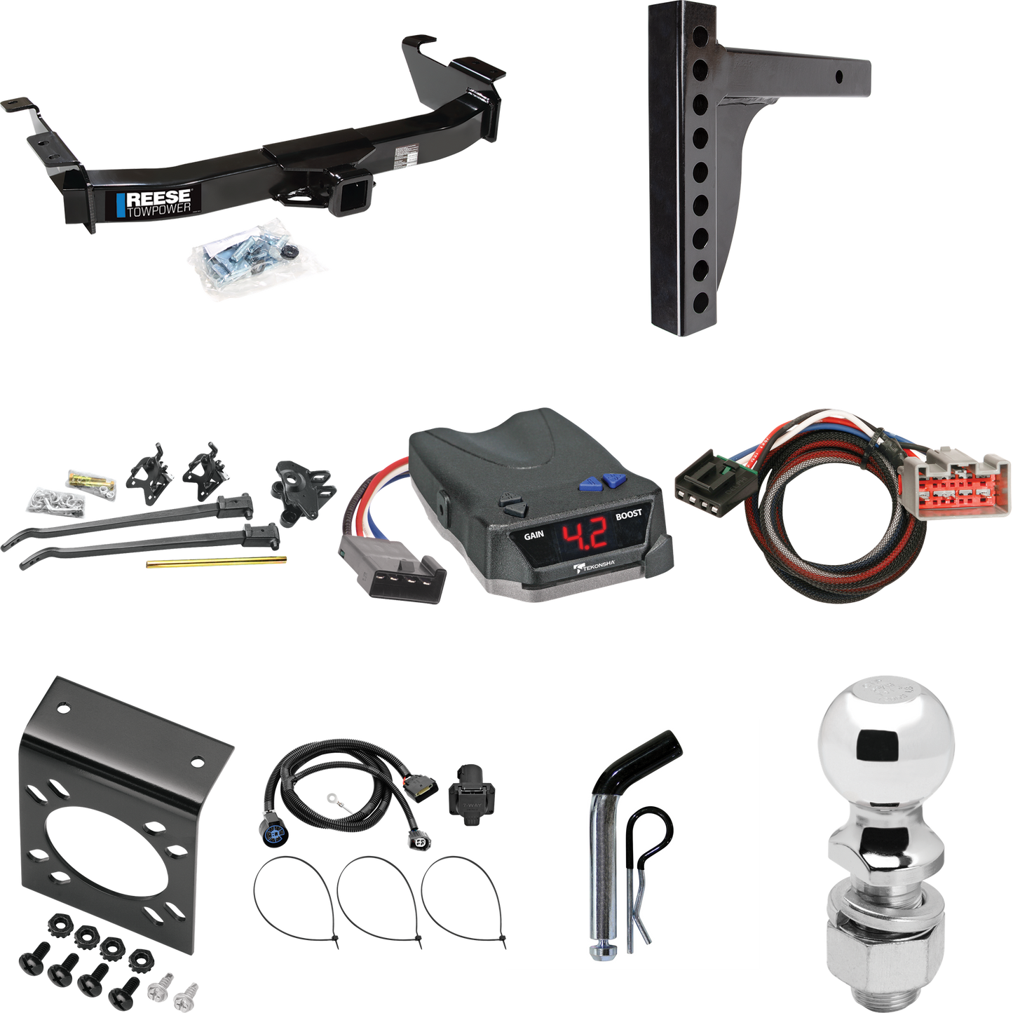 Fits 2009-2012 Ford E-150 Econoline Trailer Hitch Tow PKG w/ 12K Trunnion Bar Weight Distribution Hitch + Pin/Clip + 2-5/16" Ball + Tekonsha BRAKE-EVN Brake Control + Plug & Play BC Adapter + 7-Way RV Wiring (For (Prepped Class II Tow Package) Models