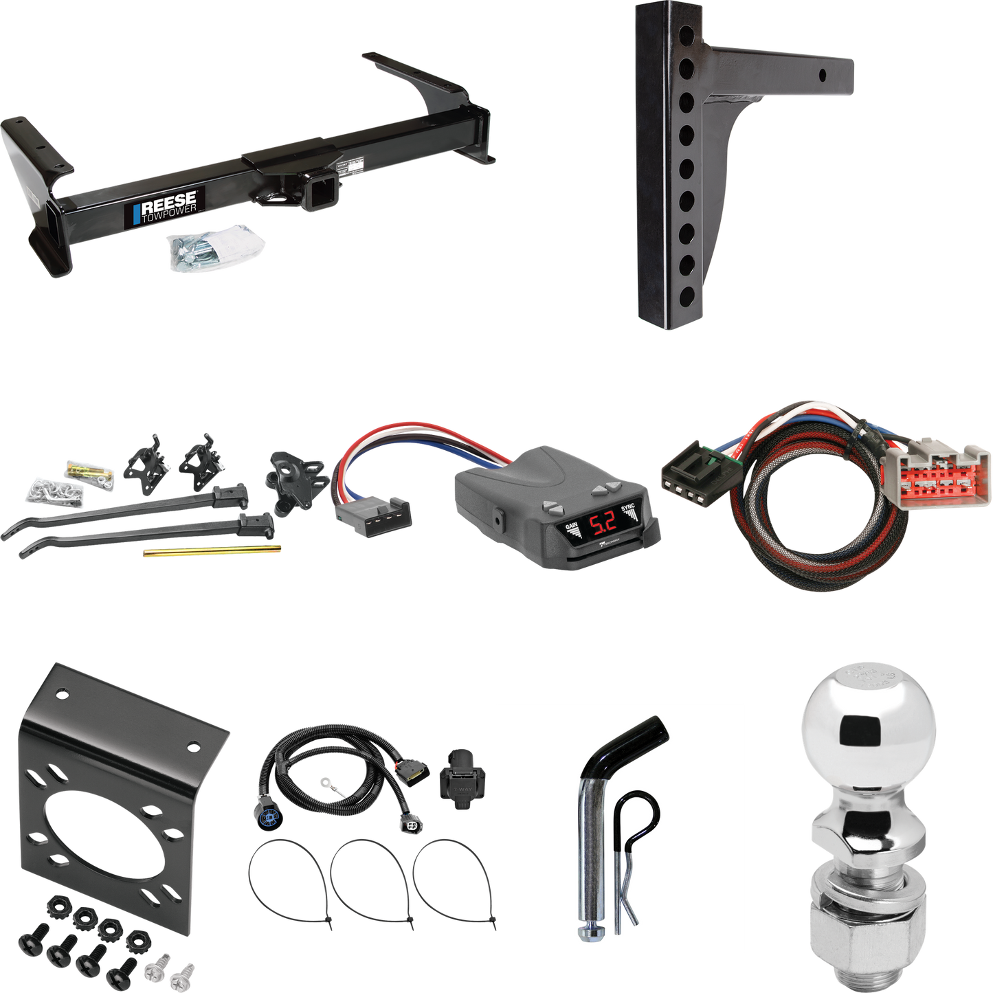 Fits 2009-2012 Ford E-150 Econoline Trailer Hitch Tow PKG w/ 12K Trunnion Bar Weight Distribution Hitch + Pin/Clip + 2-5/16" Ball + Tekonsha Brakeman IV Brake Control + Plug & Play BC Adapter + 7-Way RV Wiring (For (Prepped Class II Tow Package) Mode