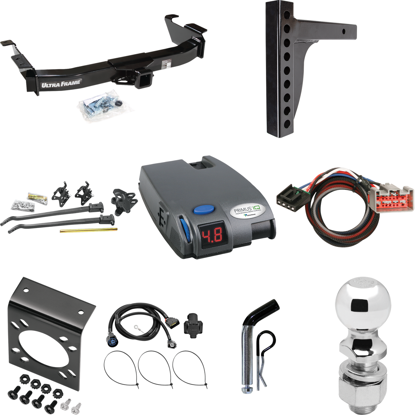 Fits 2009-2012 Ford E-350 Econoline Super Duty Trailer Hitch Tow PKG w/ 12K Trunnion Bar Weight Distribution Hitch + Pin/Clip + 2-5/16" Ball + Tekonsha Primus IQ Brake Control + Plug & Play BC Adapter + 7-Way RV Wiring (For (Prepped Class II Tow Pack