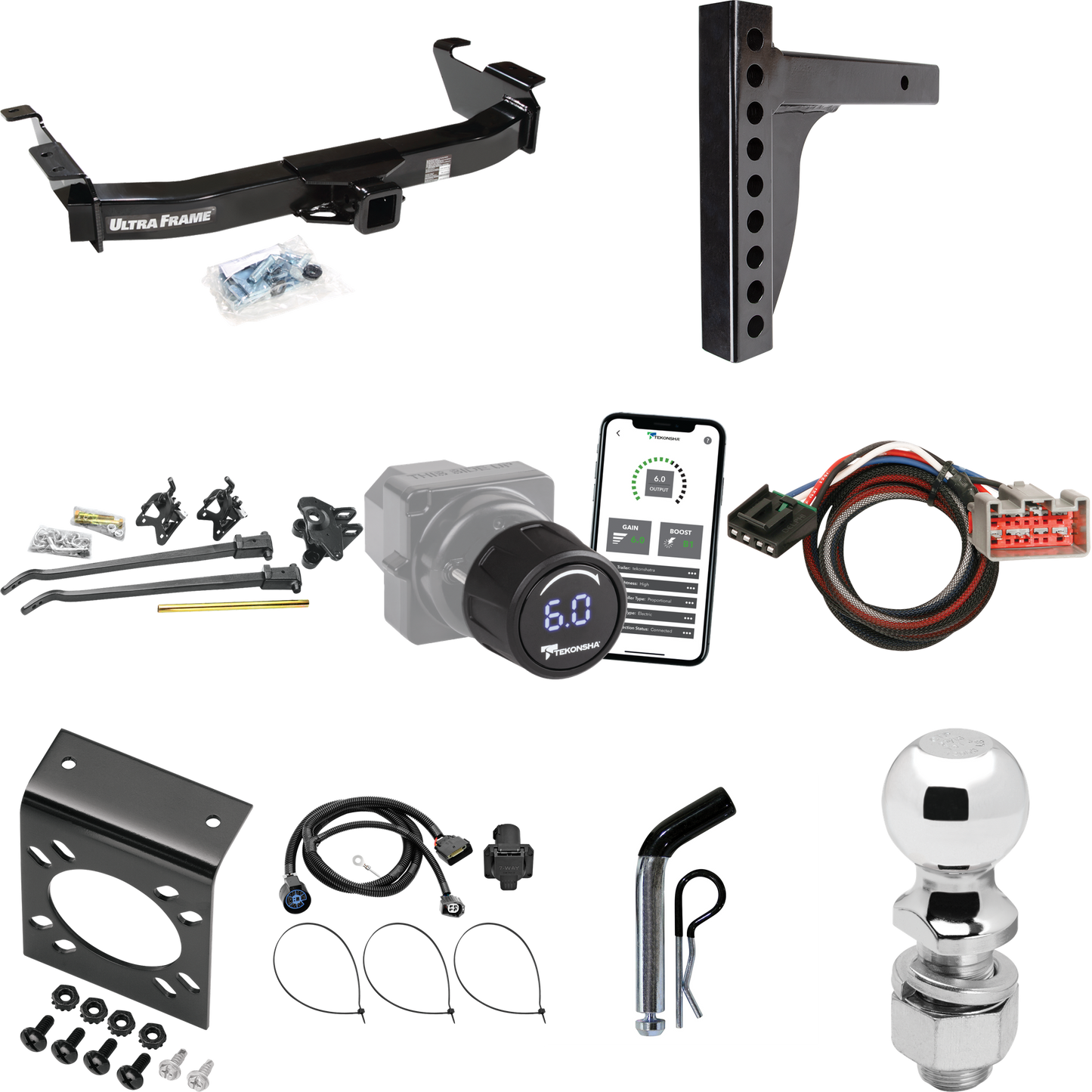 Fits 2009-2012 Ford E-350 Econoline Super Duty Trailer Hitch Tow PKG w/ 12K Trunnion Bar Weight Distribution Hitch + Pin/Clip + 2-5/16" Ball + Tekonsha Prodigy iD Bluetooth Wireless Brake Control + Plug & Play BC Adapter + 7-Way RV Wiring (For (Prepp