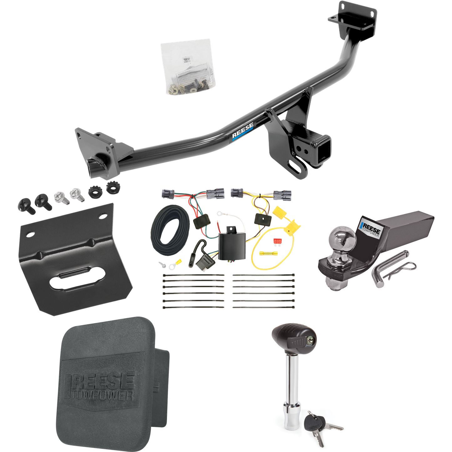 Fits 2016-2018 Hyundai Tucson Trailer Hitch Tow PKG w/ 4-Flat Wiring + Starter Kit Ball Mount w/ 2" Drop & 2" Ball + 1-7/8" Ball + Wiring Bracket + Hitch Lock + Hitch Cover By Reese Towpower