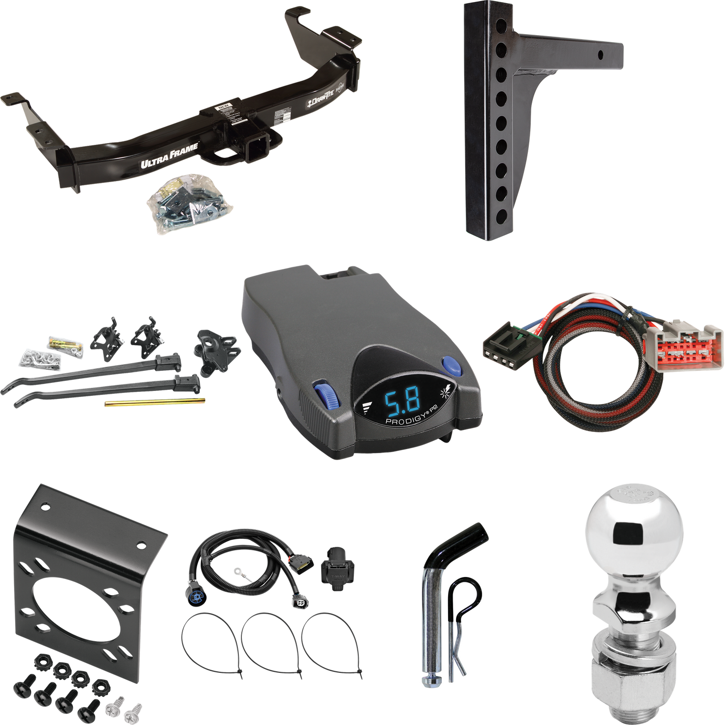 Fits 2009-2012 Ford E-350 Econoline Super Duty Trailer Hitch Tow PKG w/ 12K Trunnion Bar Weight Distribution Hitch + Pin/Clip + 2-5/16" Ball + Tekonsha Prodigy P2 Brake Control + Plug & Play BC Adapter + 7-Way RV Wiring (For (Prepped Class II Tow Pac