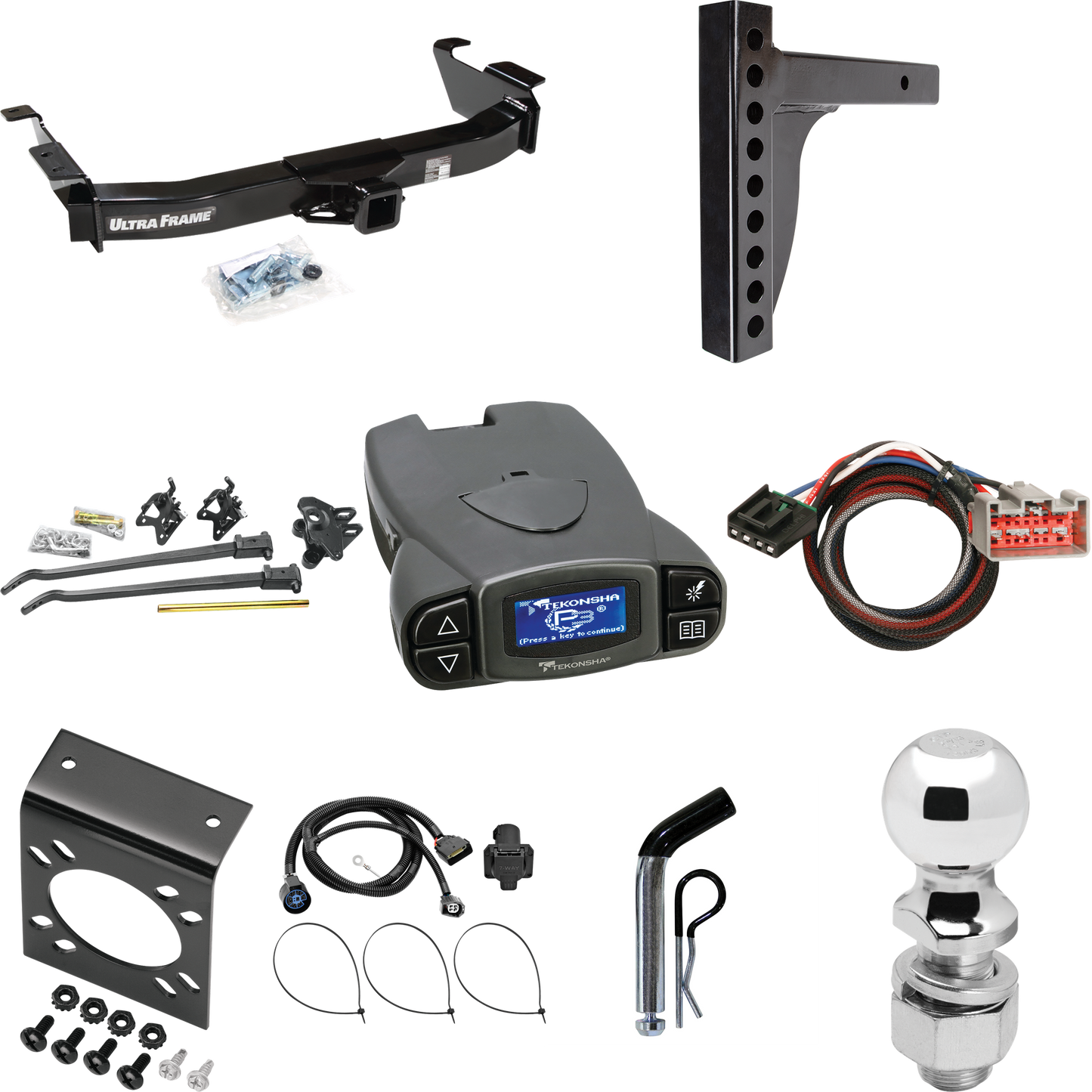 Fits 2009-2012 Ford E-250 Econoline Trailer Hitch Tow PKG w/ 12K Trunnion Bar Weight Distribution Hitch + Pin/Clip + 2-5/16" Ball + Tekonsha Prodigy P3 Brake Control + Plug & Play BC Adapter + 7-Way RV Wiring (For (Prepped Class II Tow Package) Model