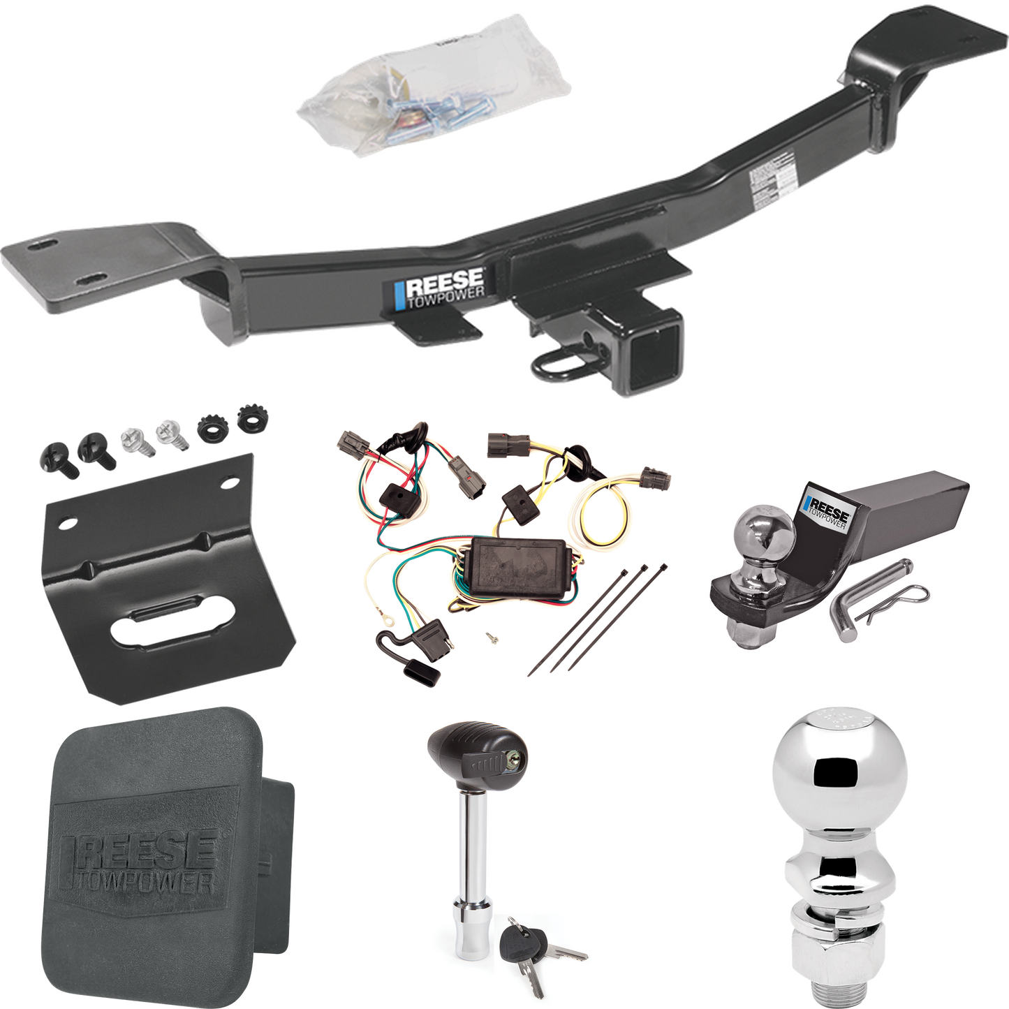 Fits 2005-2009 Hyundai Tucson Trailer Hitch Tow PKG w/ 4-Flat Wiring + Starter Kit Ball Mount w/ 2" Drop & 2" Ball + 2-5/16" Ball + Wiring Bracket + Hitch Lock + Hitch Cover By Reese Towpower