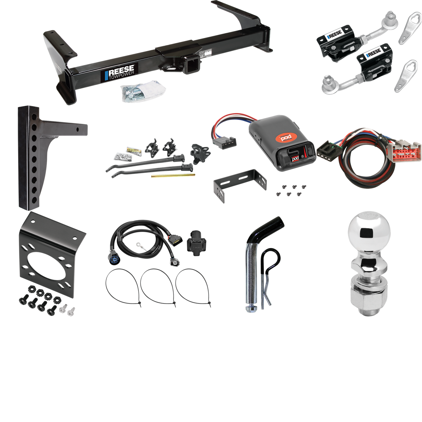 Fits 2009-2012 Ford E-250 Econoline Trailer Hitch Tow PKG w/ 12K Trunnion Bar Weight Distribution Hitch + Pin/Clip + Dual Cam Sway Control + 2-5/16" Ball + Pro Series POD Brake Control + Plug & Play BC Adapter + 7-Way RV Wiring (For (Prepped Class II