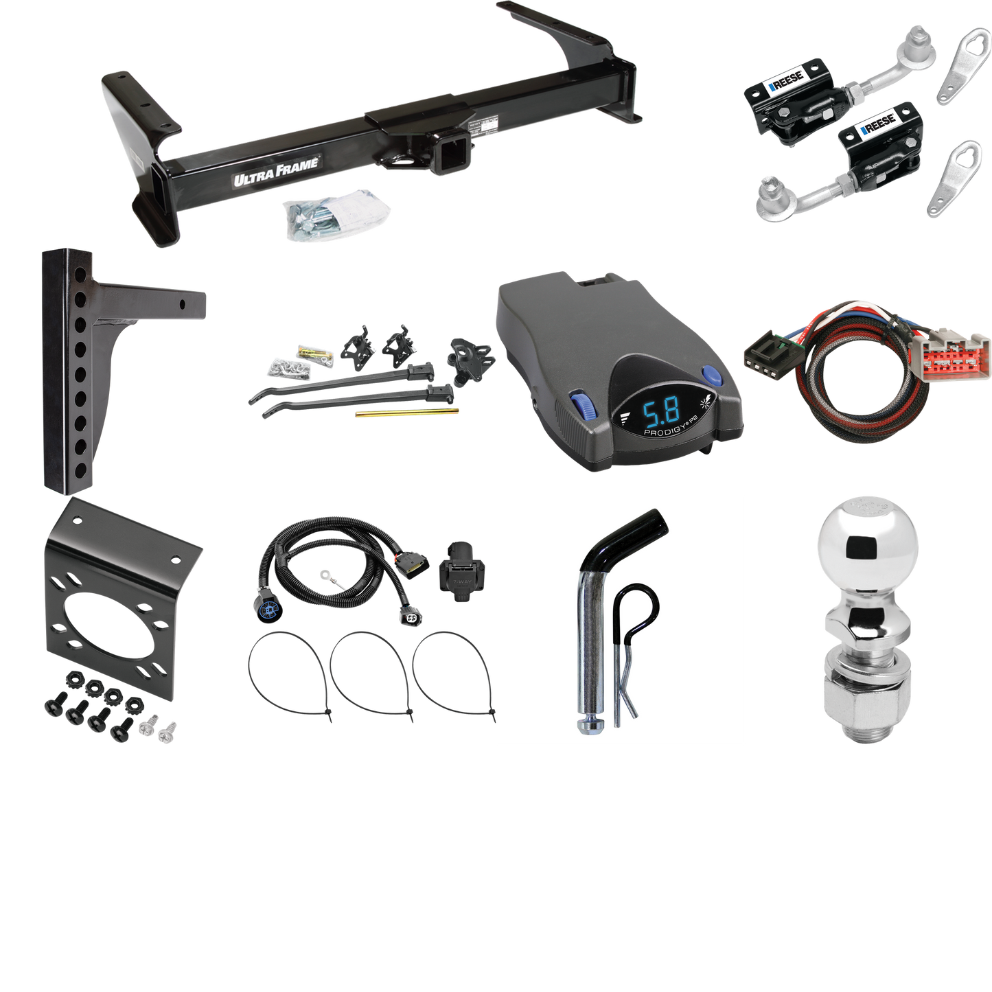 Fits 2009-2012 Ford E-250 Econoline Trailer Hitch Tow PKG w/ 12K Trunnion Bar Weight Distribution Hitch + Pin/Clip + Dual Cam Sway Control + 2-5/16" Ball + Tekonsha Prodigy P2 Brake Control + Plug & Play BC Adapter + 7-Way RV Wiring (For (Prepped Cla