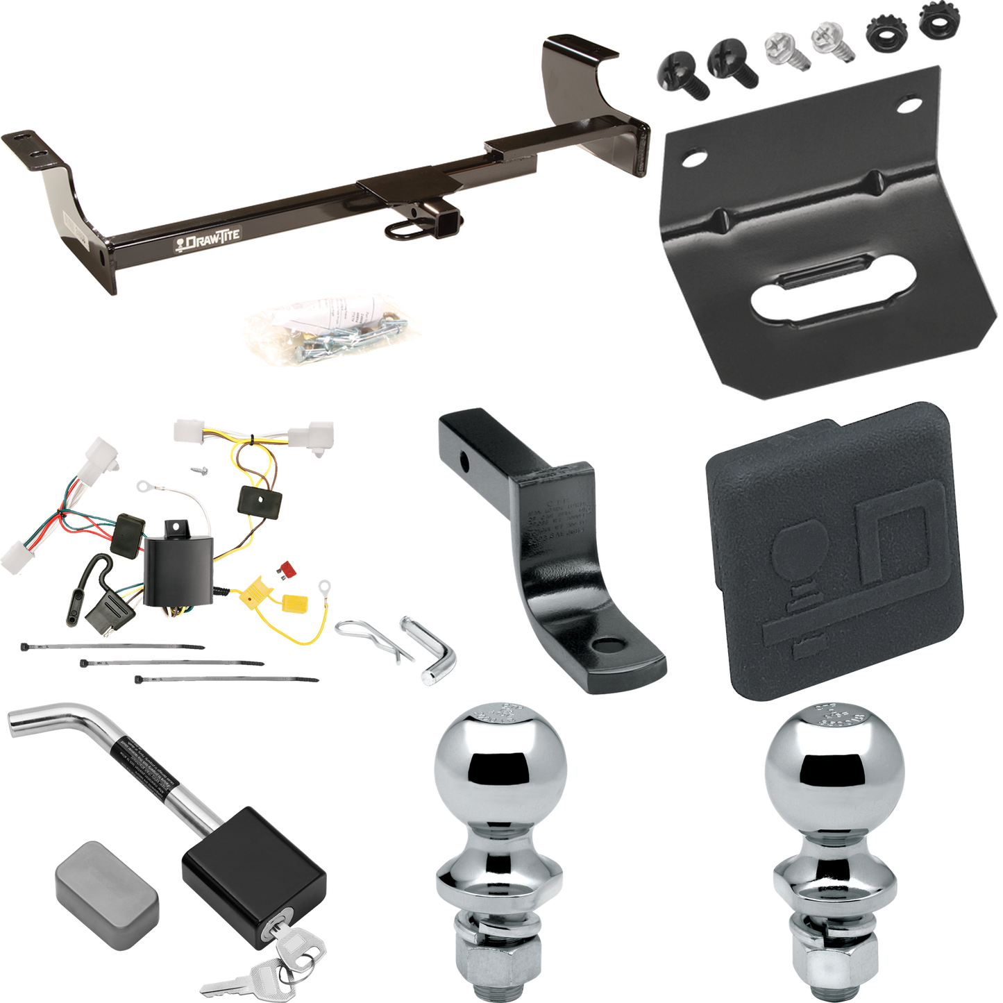 Fits 2004-2009 Toyota Prius Trailer Hitch Tow PKG w/ 4-Flat Wiring Harness + Draw-Bar + 1-7/8" + 2" Ball + Wiring Bracket + Hitch Cover + Hitch Lock By Draw-Tite