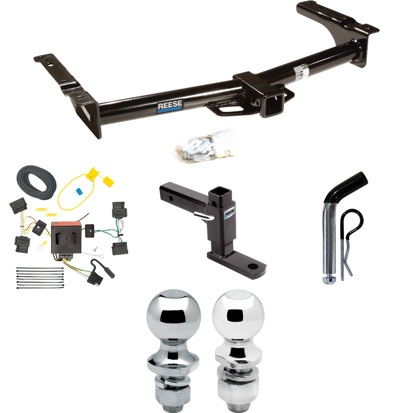 Fits 2008-2014 Ford E-250 Econoline Trailer Hitch Tow PKG w/ 4-Flat Wiring + Adjustable Drop Rise Ball Mount + Pin/Clip + 2" Ball + 1-7/8" Ball By Reese Towpower