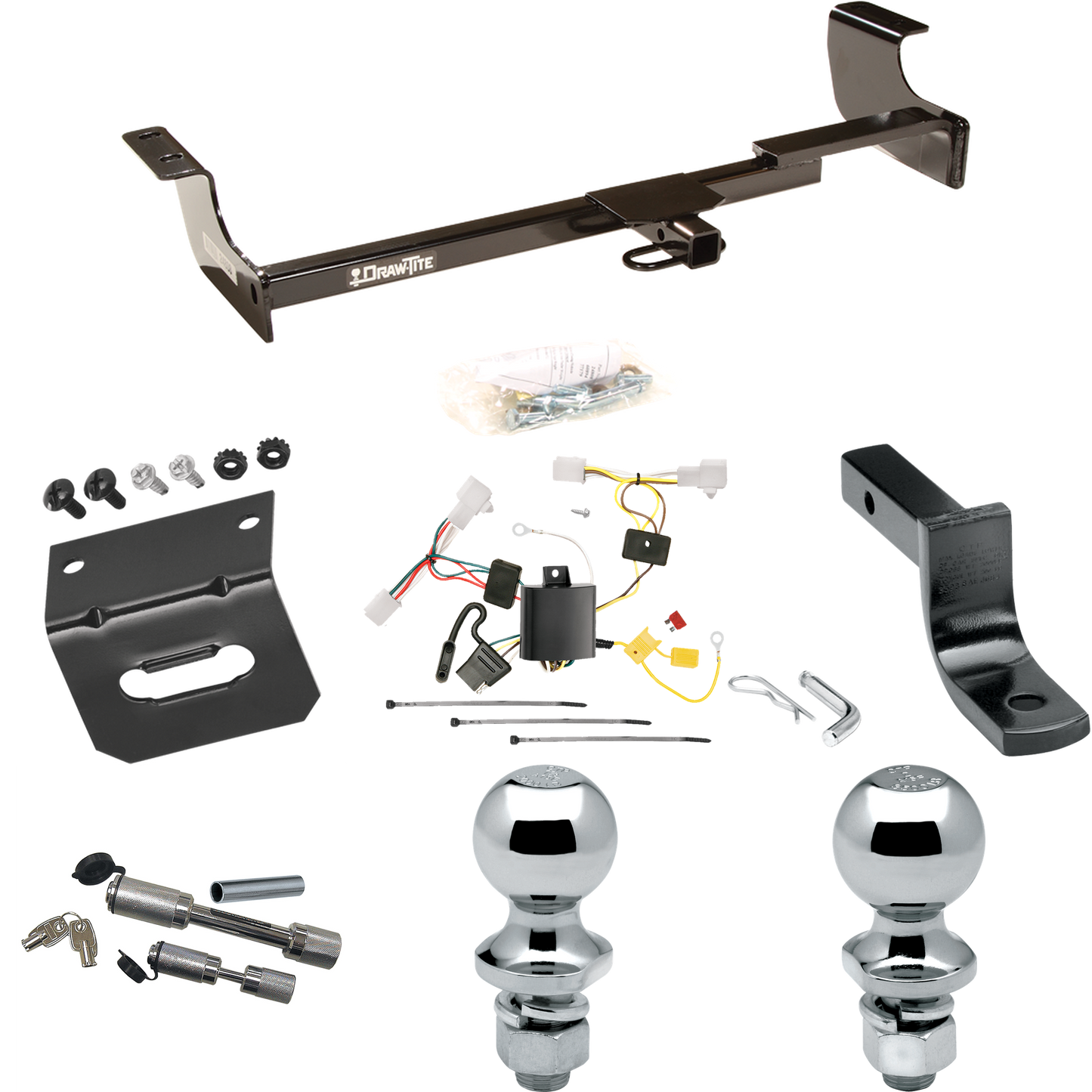 Se adapta al paquete de enganche de remolque Toyota Prius 2004-2009 con arnés de cableado de 4 planos + barra de tracción + bola de 1-7/8" + bola de 2" + soporte de cableado + enganche doble y cerraduras de acoplador de Draw-Tite