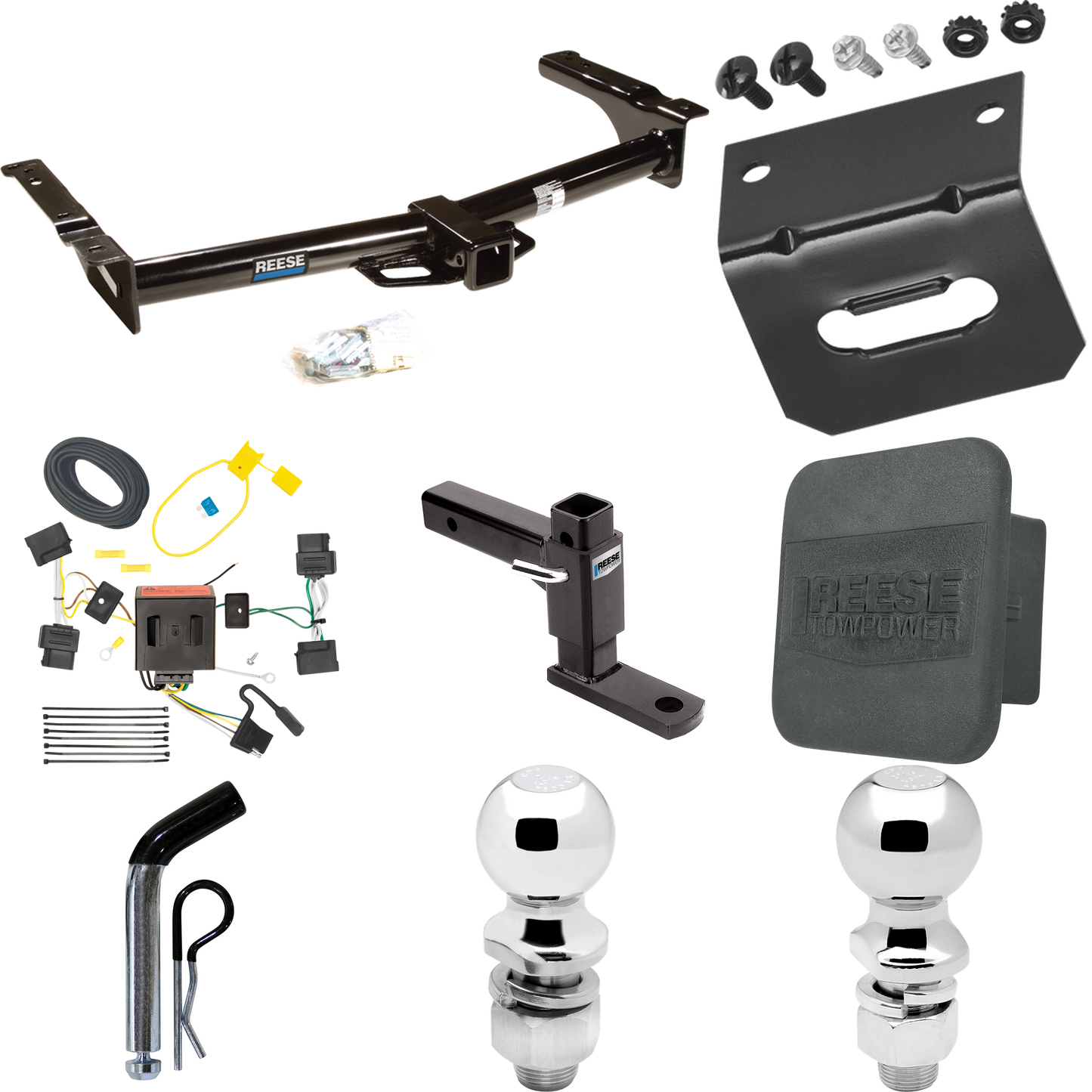 Fits 2009-2012 Ford E-150 Econoline Trailer Hitch Tow PKG w/ 4-Flat Wiring + Adjustable Drop Rise Ball Mount + Pin/Clip + 2" Ball + 2-5/16" Ball + Wiring Bracket + Hitch Cover (For (Prepped Class II Tow Package) Models) By Reese Towpower