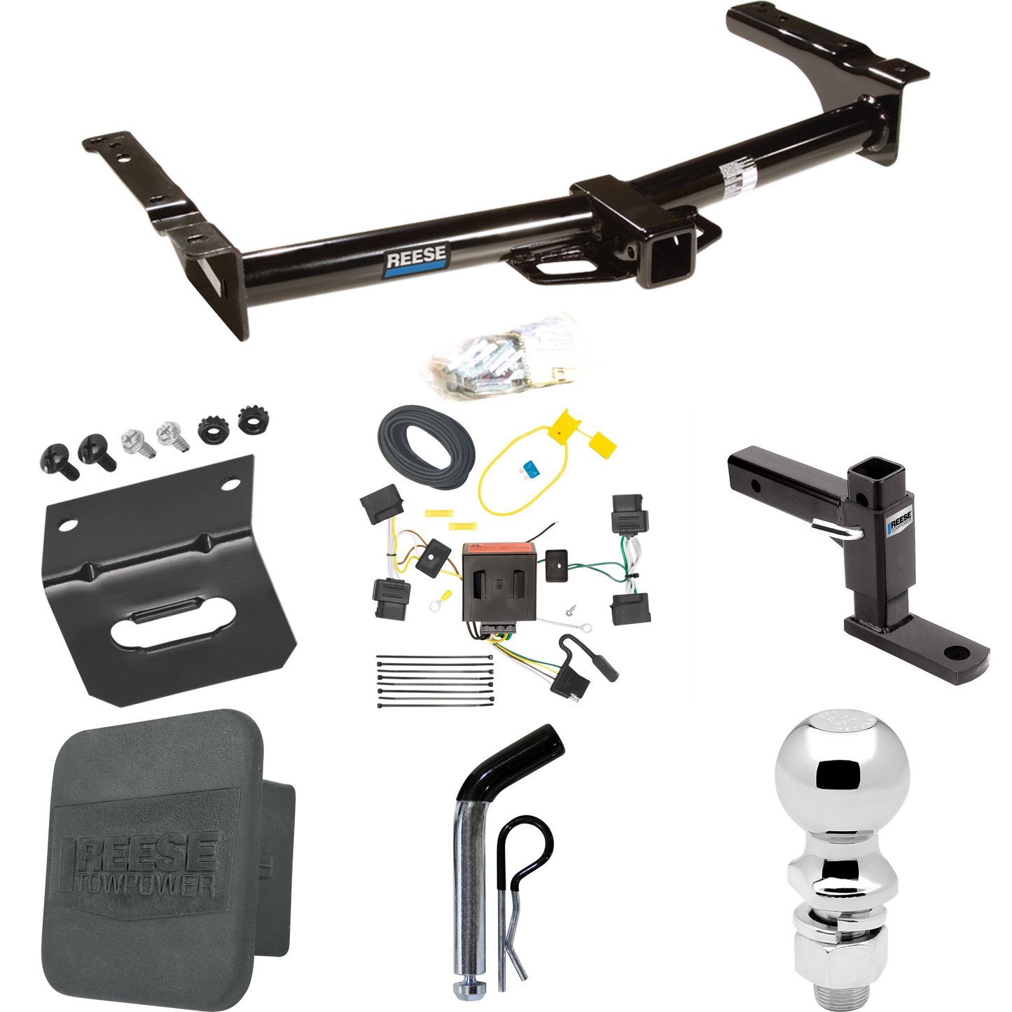 Fits 2008-2014 Ford E-250 Econoline Trailer Hitch Tow PKG w/ 4-Flat Wiring + Adjustable Drop Rise Ball Mount + Pin/Clip + 2-5/16" Ball + Wiring Bracket + Hitch Cover By Reese Towpower