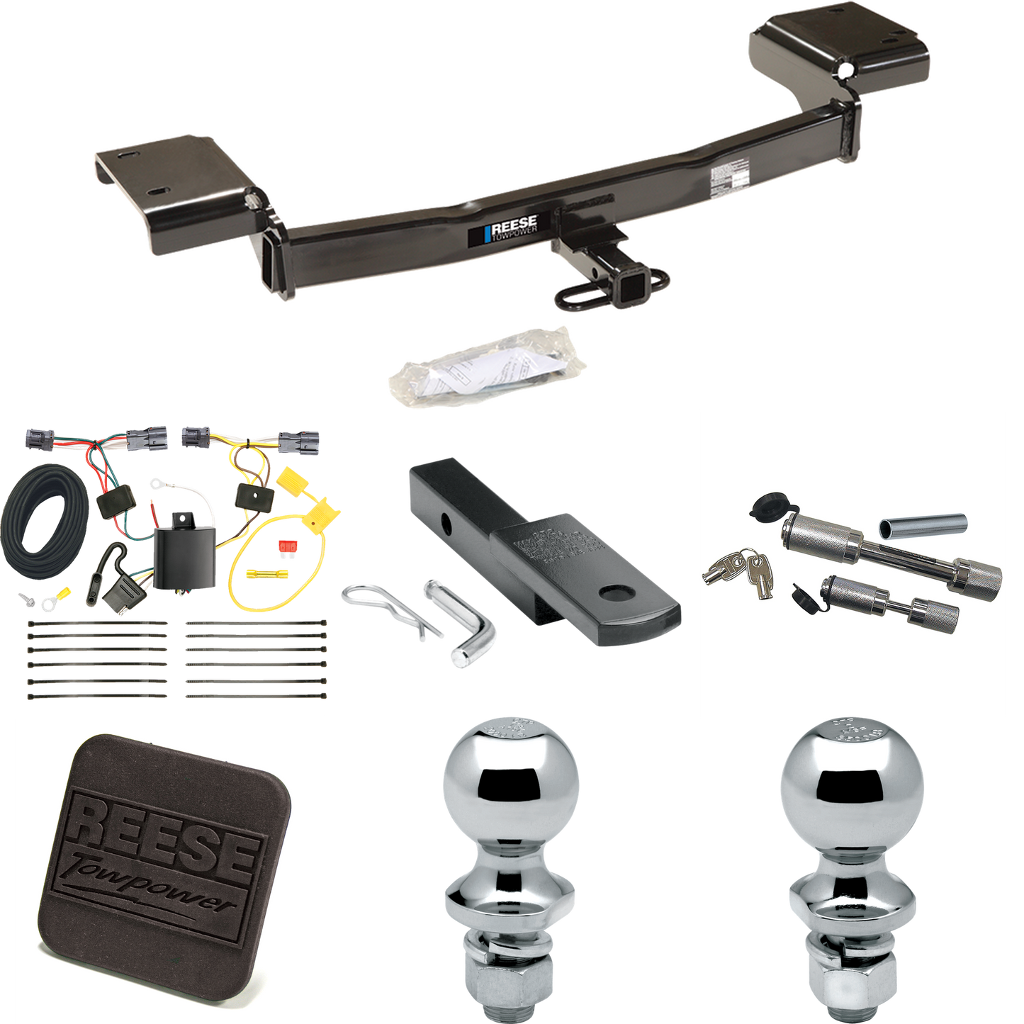 Se adapta al paquete de enganche de remolque Hyundai Tucson 2010-2015 con arnés de cableado de 4 planos + barra de tracción + bola de 1-7/8" + bola de 2" + cubierta de enganche + enganche doble y cerraduras de acoplador de Reese Towpower