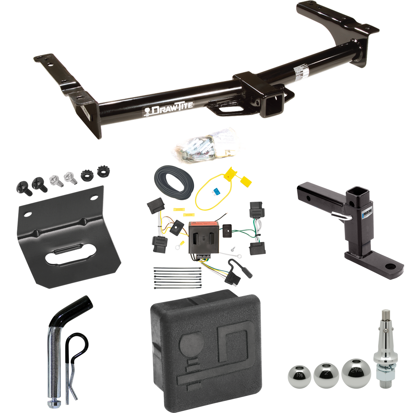 Fits 2009-2012 Ford E-150 Econoline Trailer Hitch Tow PKG w/ 4-Flat Wiring + Adjustable Drop Rise Ball Mount + Pin/Clip + Inerchangeable 1-7/8" & 2" & 2-5/16" Balls + Wiring Bracket + Hitch Cover (For (Prepped Class II Tow Package) Models) By Draw-Ti