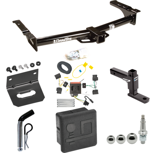 Fits 2009-2012 Ford E-150 Econoline Trailer Hitch Tow PKG w/ 4-Flat Wiring + Adjustable Drop Rise Ball Mount + Pin/Clip + Inerchangeable 1-7/8" & 2" & 2-5/16" Balls + Wiring Bracket + Hitch Cover (For (Prepped Class II Tow Package) Models) By Draw-Ti