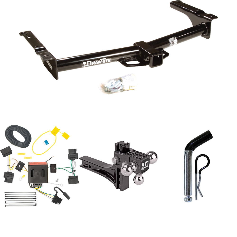 Fits 2009-2012 Ford E-150 Econoline Trailer Hitch Tow PKG w/ 4-Flat Wiring + Adjustable Drop Rise Triple Ball Ball Mount 1-7/8" & 2" & 2-5/16" Trailer Balls + Pin/Clip (For (Prepped Class II Tow Package) Models) By Draw-Tite