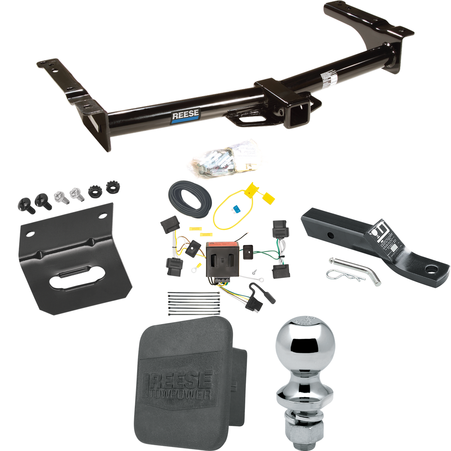 Fits 2008-2014 Ford E-250 Econoline Trailer Hitch Tow PKG w/ 4-Flat Wiring + Ball Mount w/ 2" Drop + 1-7/8" Ball + Wiring Bracket + Hitch Cover By Reese Towpower