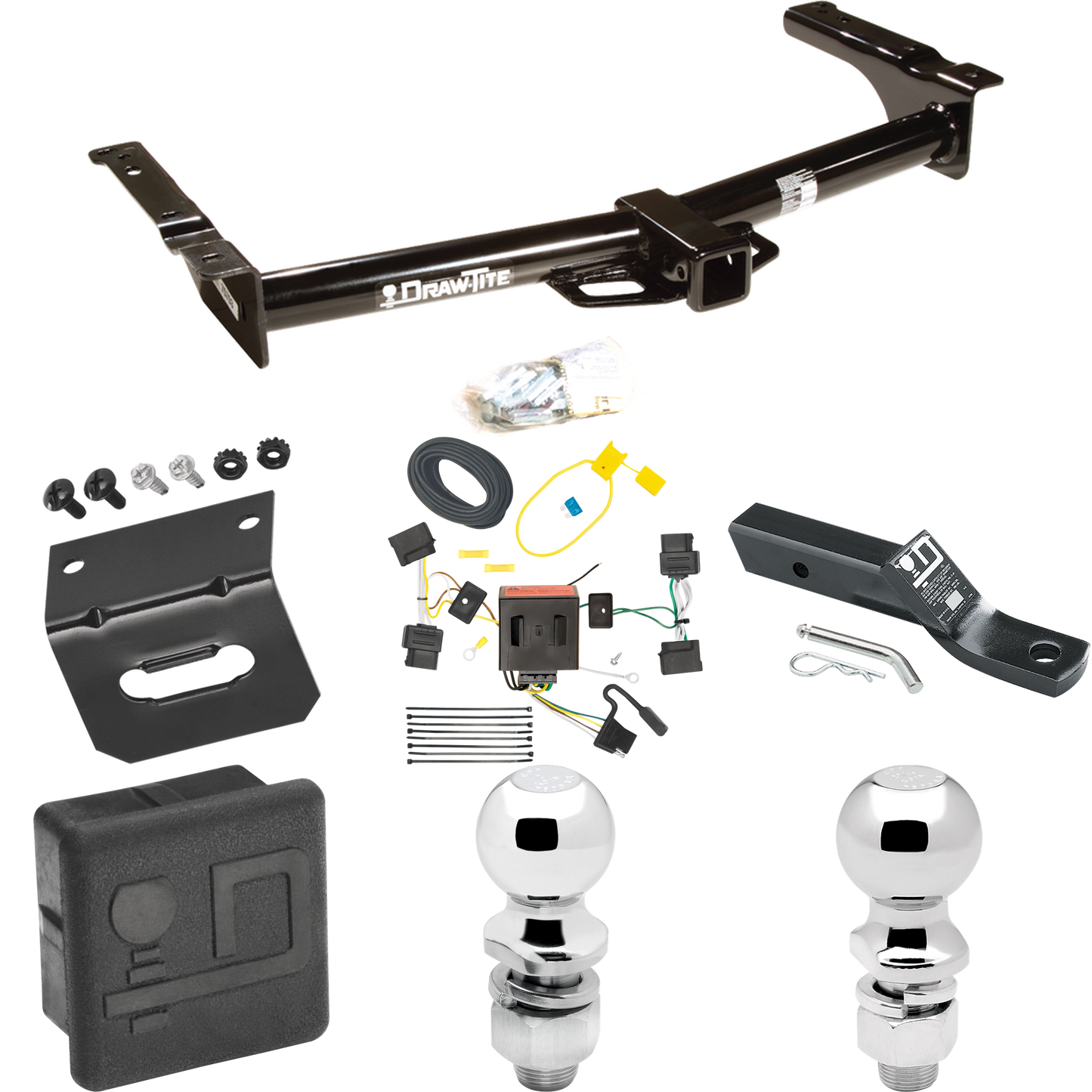 Fits 2009-2012 Ford E-250 Econoline Trailer Hitch Tow PKG w/ 4-Flat Wiring + Ball Mount w/ 2" Drop + 2" Ball + 2-5/16" Ball + Wiring Bracket + Hitch Cover (For (Prepped Class II Tow Package) Models) By Draw-Tite