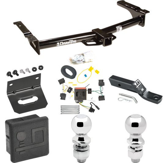 Fits 2009-2012 Ford E-250 Econoline Trailer Hitch Tow PKG w/ 4-Flat Wiring + Ball Mount w/ 2" Drop + 2" Ball + 2-5/16" Ball + Wiring Bracket + Hitch Cover (For (Prepped Class II Tow Package) Models) By Draw-Tite