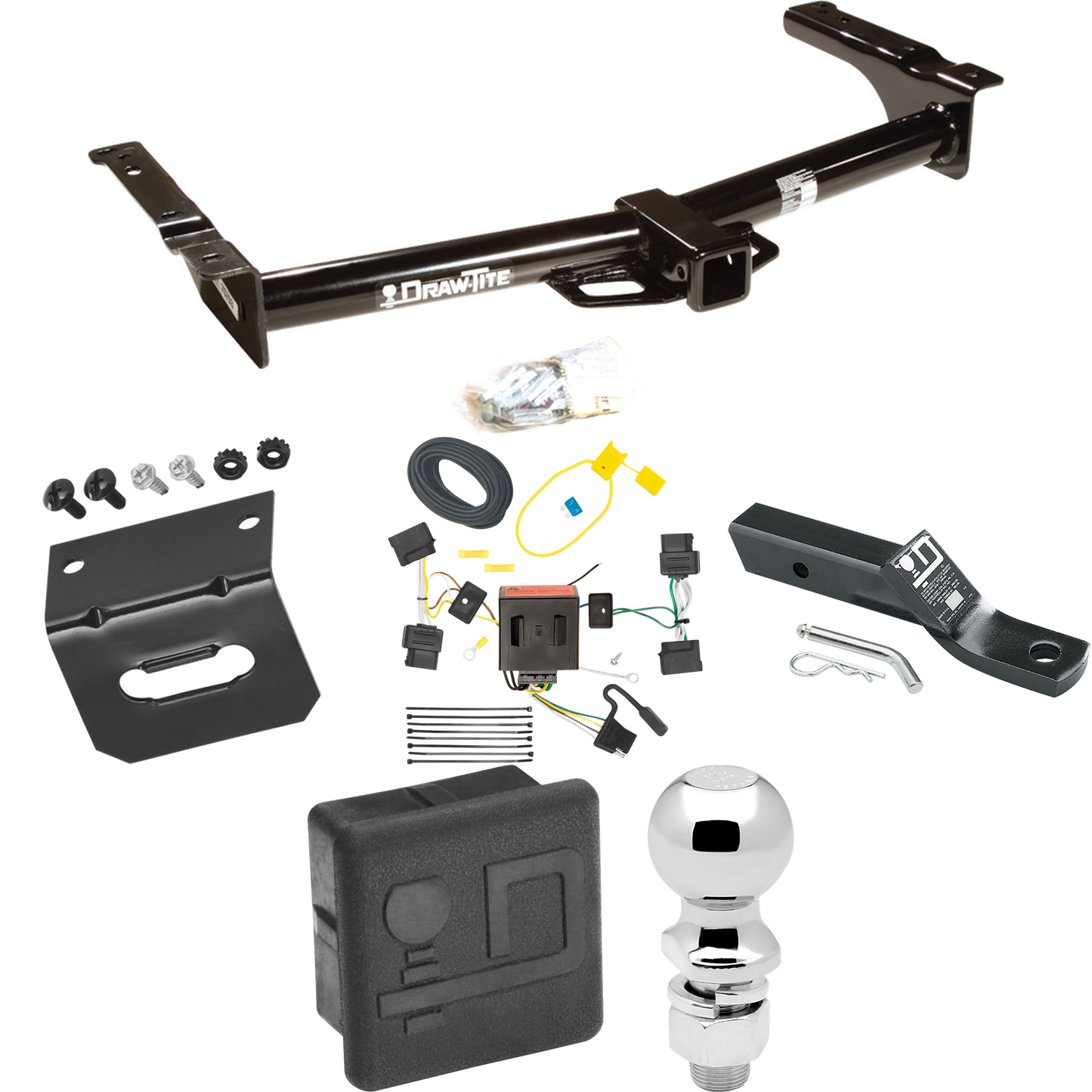 Se adapta al paquete de enganche de remolque Ford E-150 Econoline 2008-2014 con 4 cables planos + soporte de bola con caída de 2" + bola de 2-5/16" + soporte de cableado + cubierta de enganche de Draw-Tite